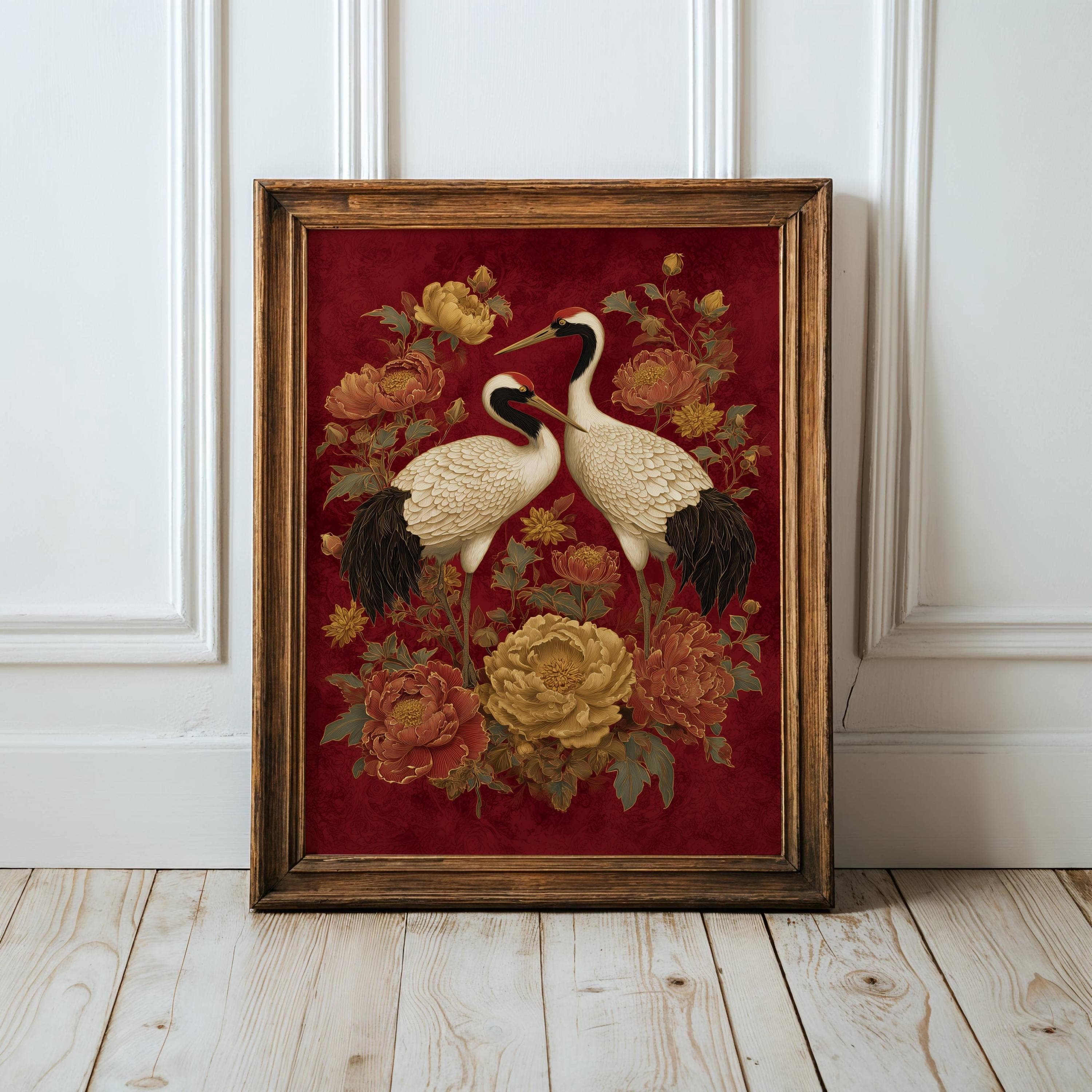 Crane Wall Art Red Gold Oriental Painting, Japanese Crane Wall Art, Red Gold Asian Bird Painting, Peony Flower Art, Oriental Decor, Japandi