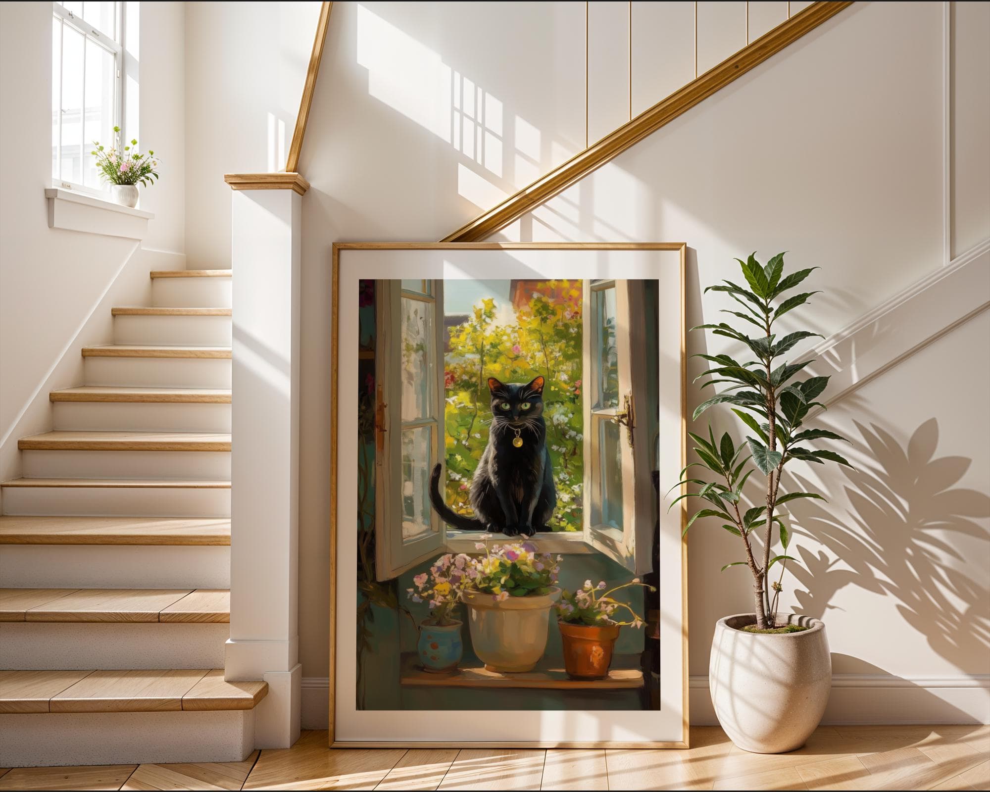 Black Cat and Flowers Poster, Cottagecore Window Art, Black Cat Oil Painting, Quirky Cat Poster, Black Cat on Window Print Funny Poster - view 3