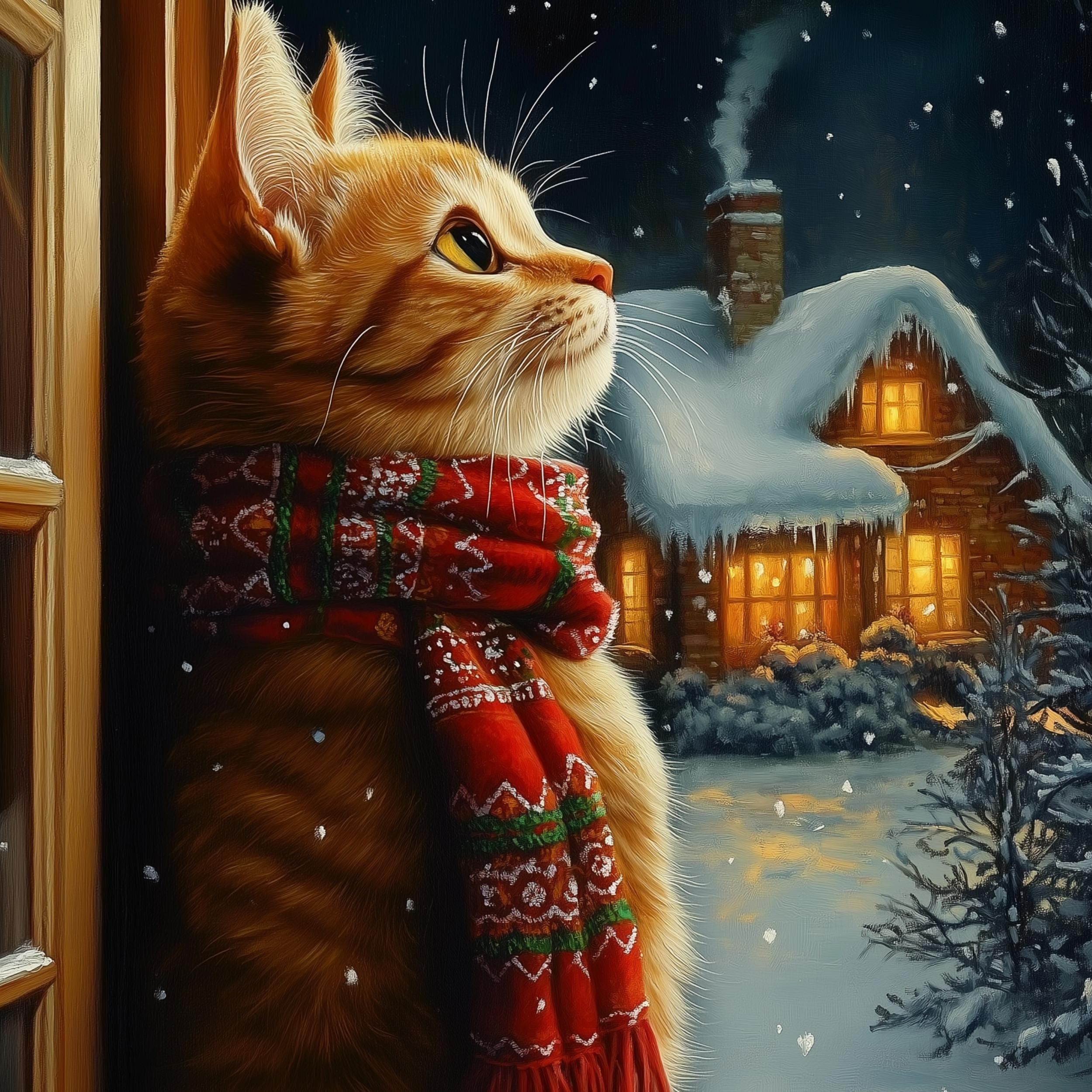 Orange Cat in Scarf Art, Holiday Wall Decor, Festive Cat Wall Art, Orange Cat Christmas Print, Winter Cat Illustration, Christmas Decor - view 2