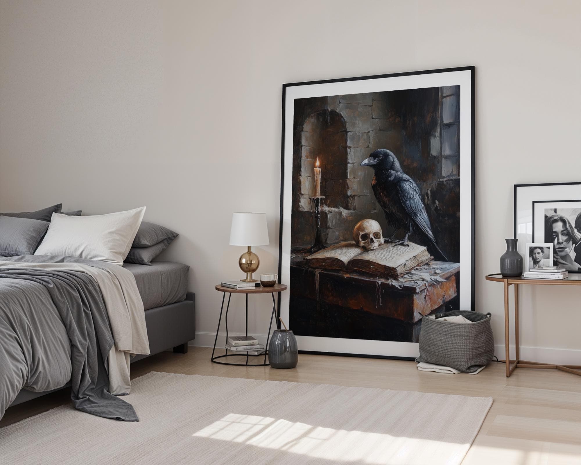 Gothic Raven Skull Grimoire Wall Art, Dark Academia Candle Book Painting, Witchcore Occult Decor Print, Macabre Candlelit Raven Art Print - view 5