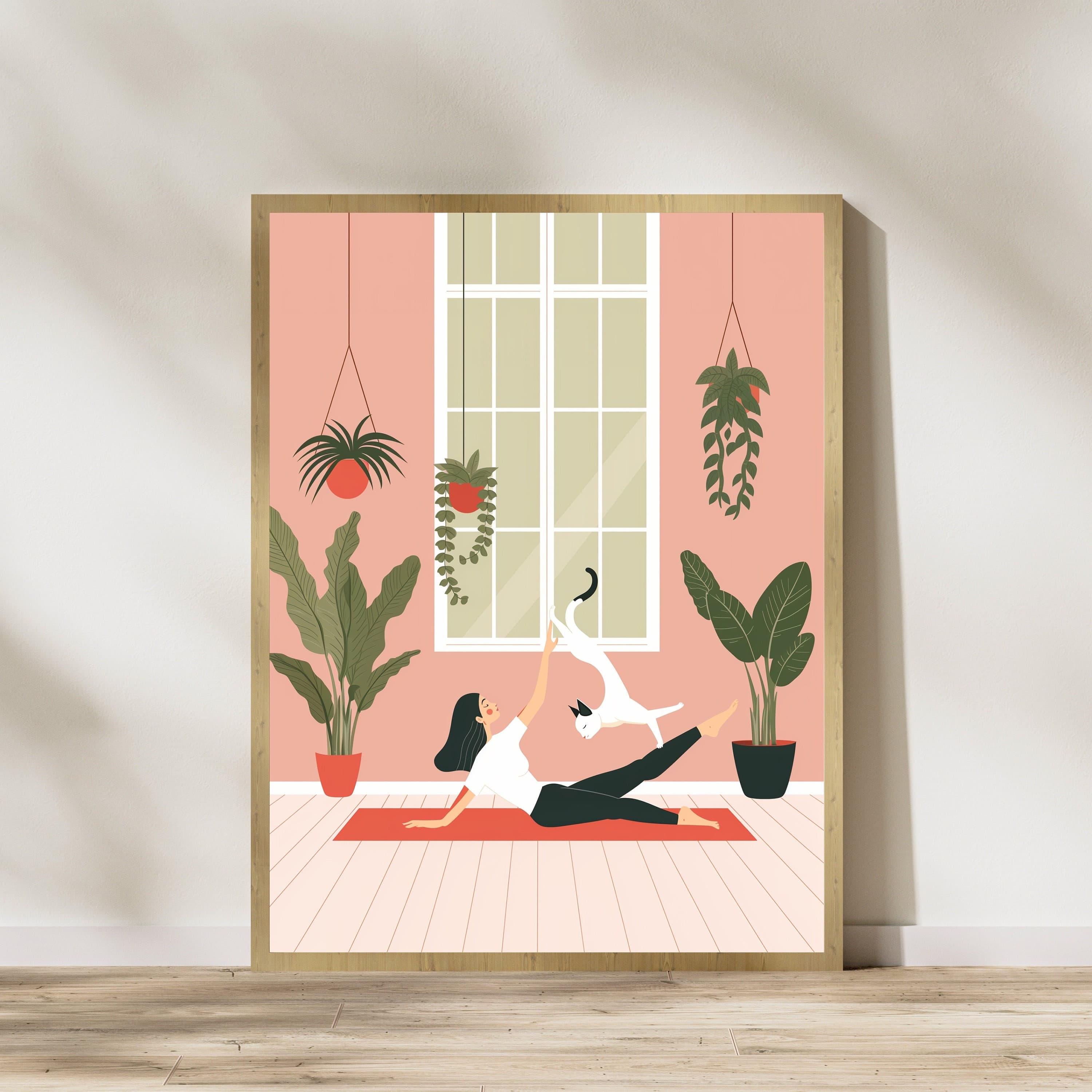 Yoga Cat and Woman Print, Cat Yoga Print, White Cat Art, Yoga Room Decor, Yoga Lover,Serene Yoga Meditation Art Print, International Cat Day