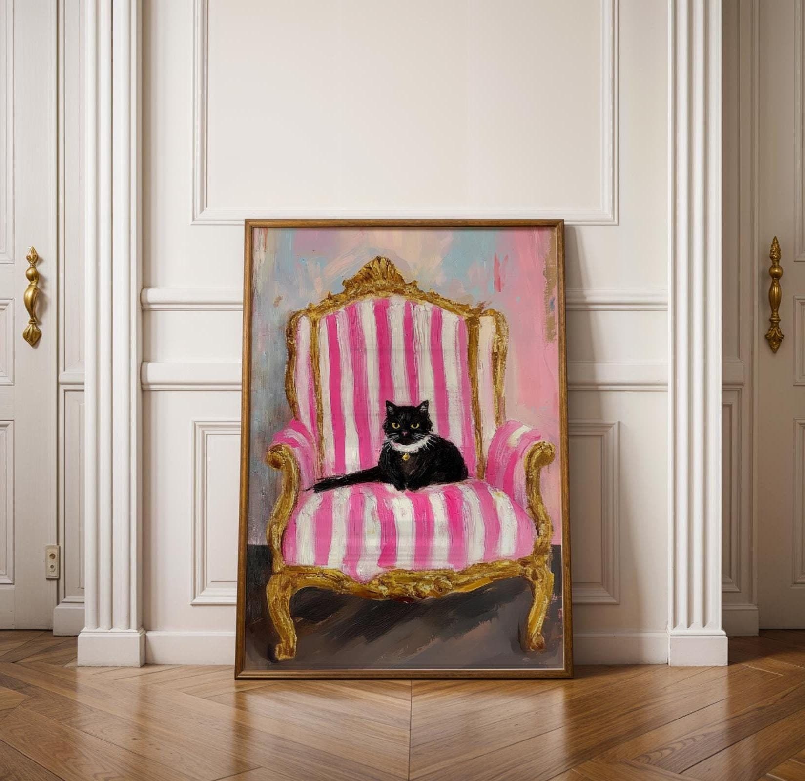 Black Cat on Pink Striped Chair, Pink Wall Art, Whimsical Cat Portrait, Quirky Wall Poster, Dopamine Wall Decor, Digital Download, Printable