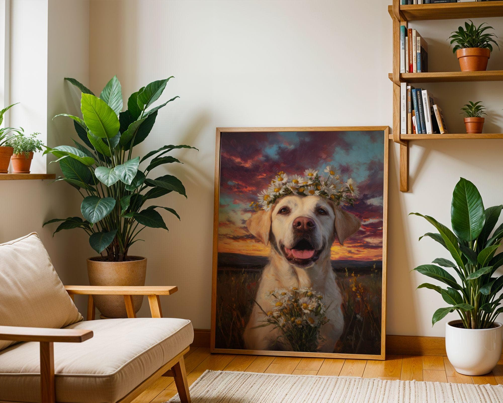 Labrador Wall Art Daisy Crown Dog Painting, Labrador Dog Wall Art Print, Floral Dog Painting, Yellow Lab Portrait, Sunset Field Art - view 8