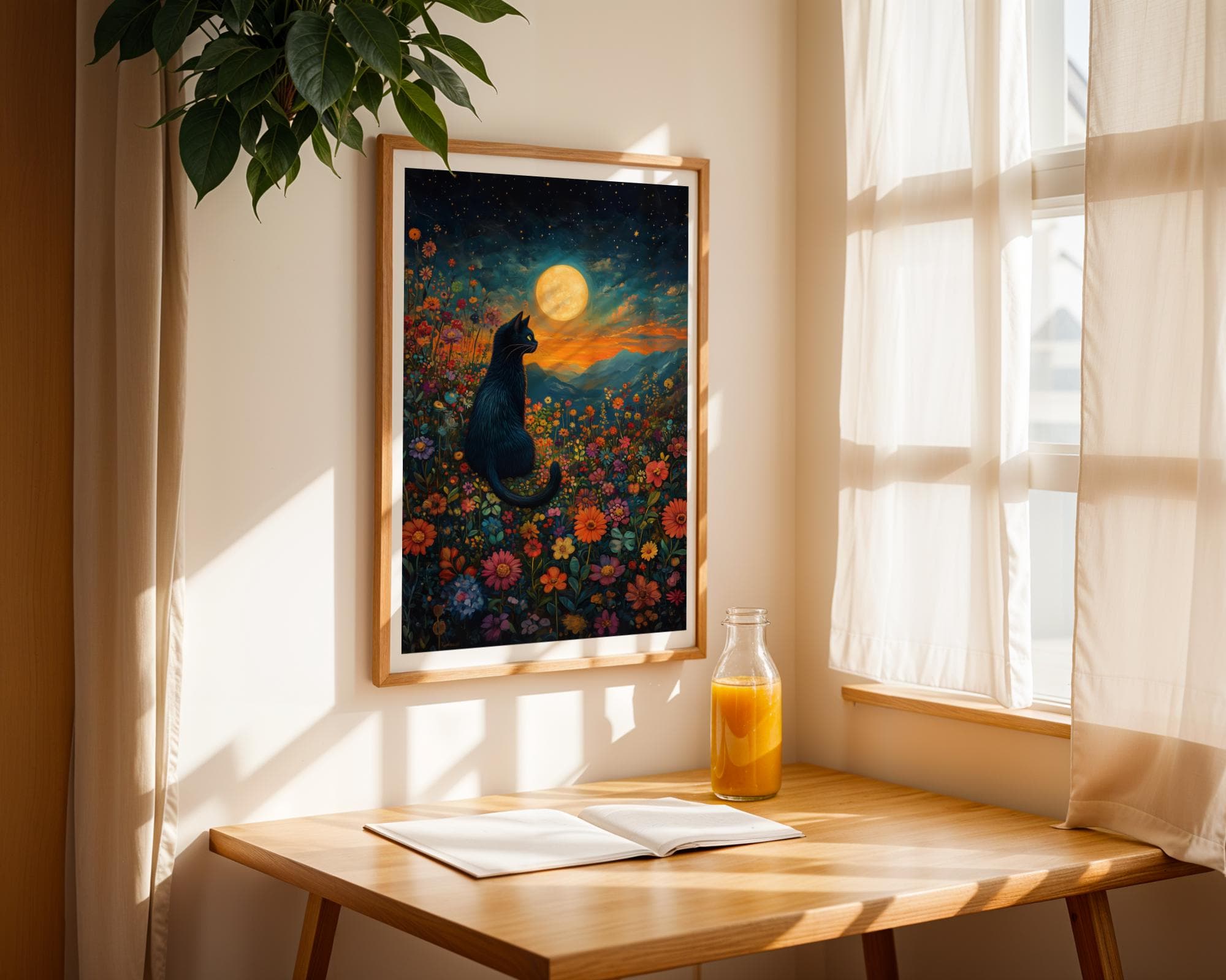 Floral Black Cat Wall Decor, Black Cat Moonlit Wall Art, Starry Night Cat Wall Art, Floral Moonlight Poster, Flower Cat and Moon Wall Decor - view 7