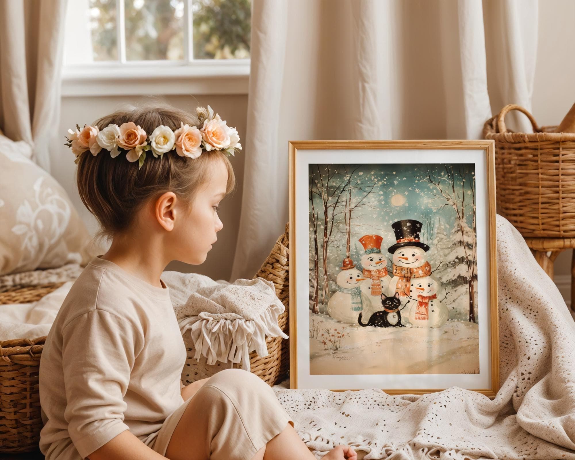 Vintage Snowman Family with Black Cat Painting | Printable Wall Art | Christmas | Antique Christmas Wall Art, Christmas Kids Room Wall Art - view 5