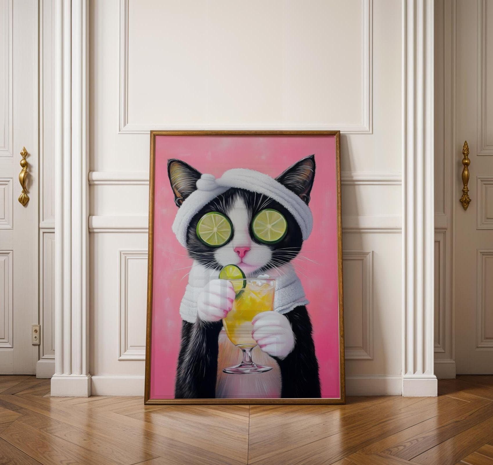 Quirky Cat Art, Lime and Pink Cat Art, Chic Black Cat Art, Spa Cat Wall Art, Relaxing Cat Portrait, Dopamine Wall Decor, Maximalist Cat Art
