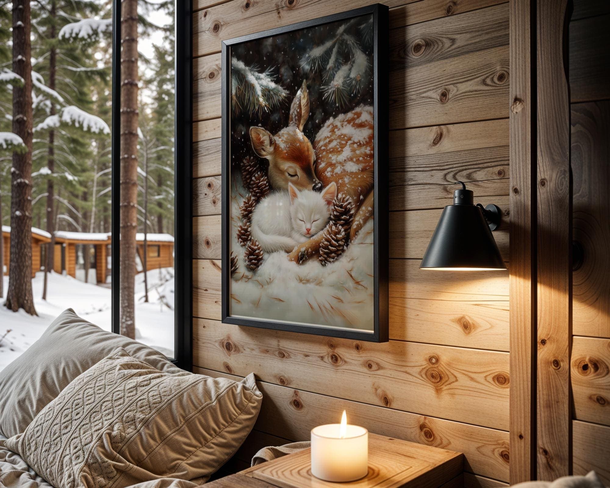 Fawn and White Cat Christmas Poster, Baby Deer and Kitten Xmas Cat Wall Art, Winter Animal Wall Decor, Farmhouse Holiday Decor, Digital Art - view 6