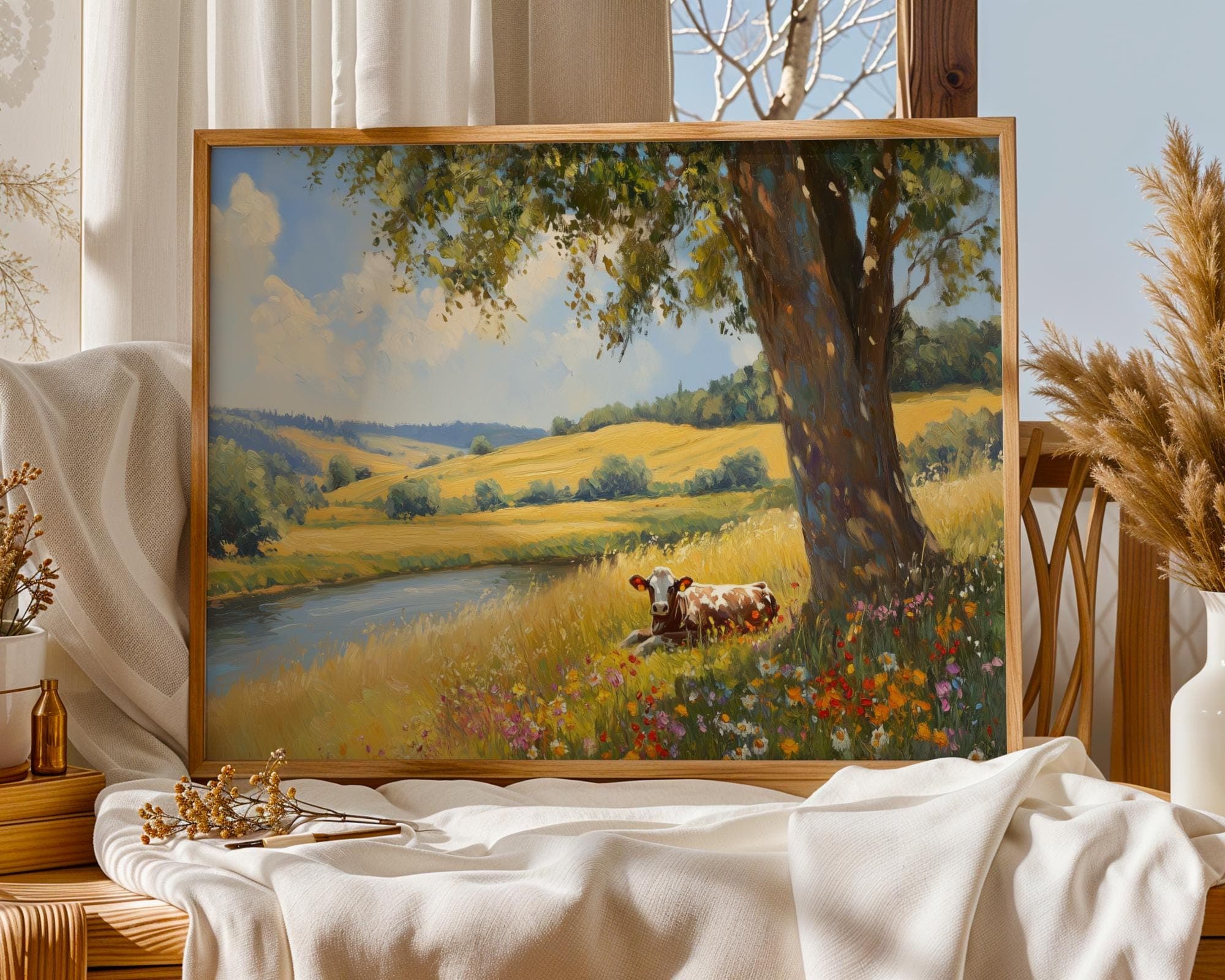 Pastoral Landscape Cow Wall Art, Peaceful River and Wildflower Field Painting, Country Wall Art Print, Country Cottage Art, Landscape Art