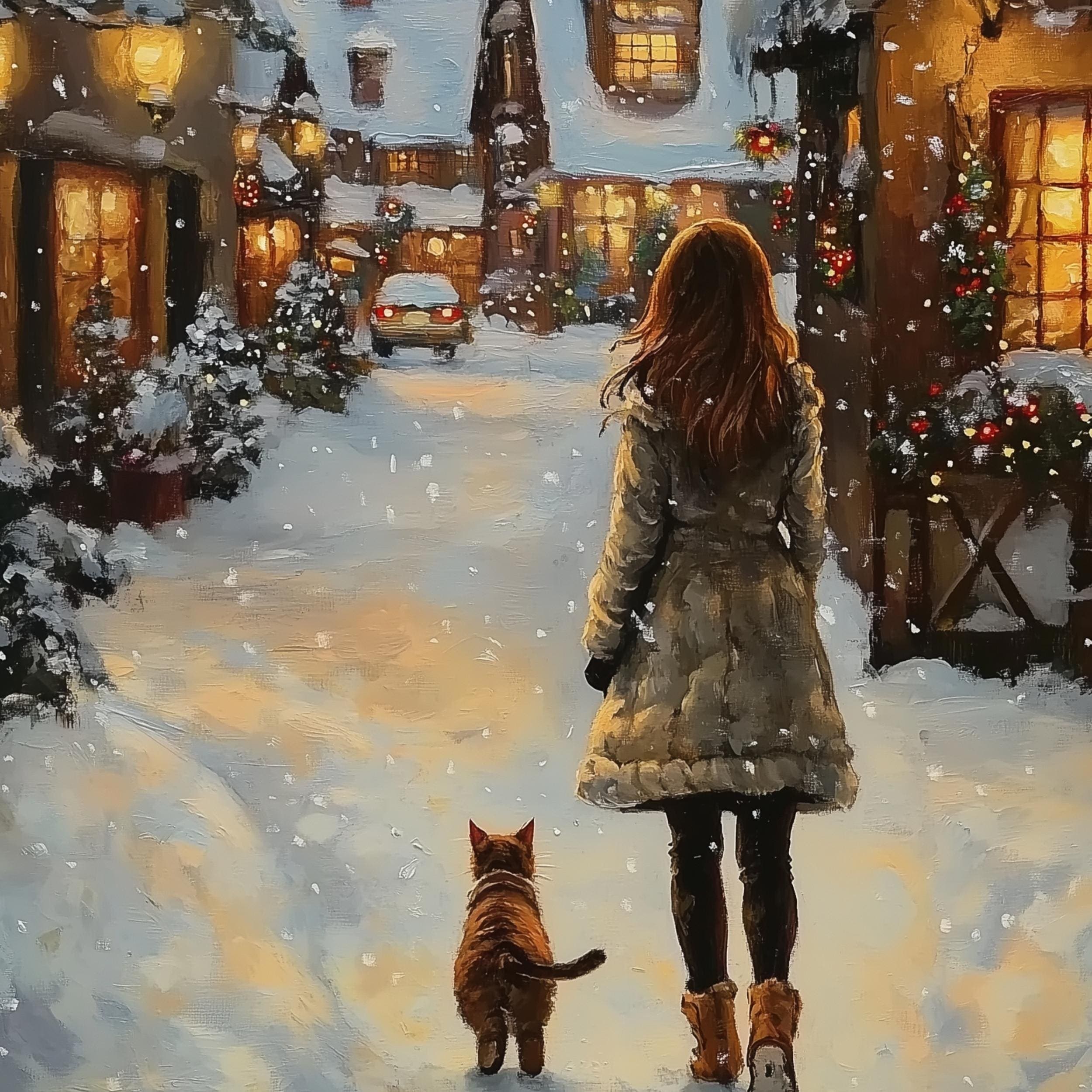 Christmas Woman and Cat Walking in the Snow Poster, Girl and Cat Print, Holiday Cat Lover Gift Wall Art, Festive Home Decor, Digital Art - view 2
