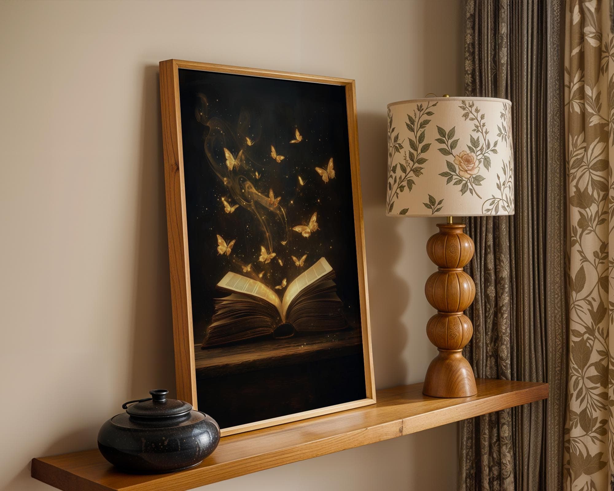 Magical Book with Golden Butterflies Wall Art, Fantasy Dark Academia Print, Enchanted Literary Poster for Library or Reading Nook Decor - view 2