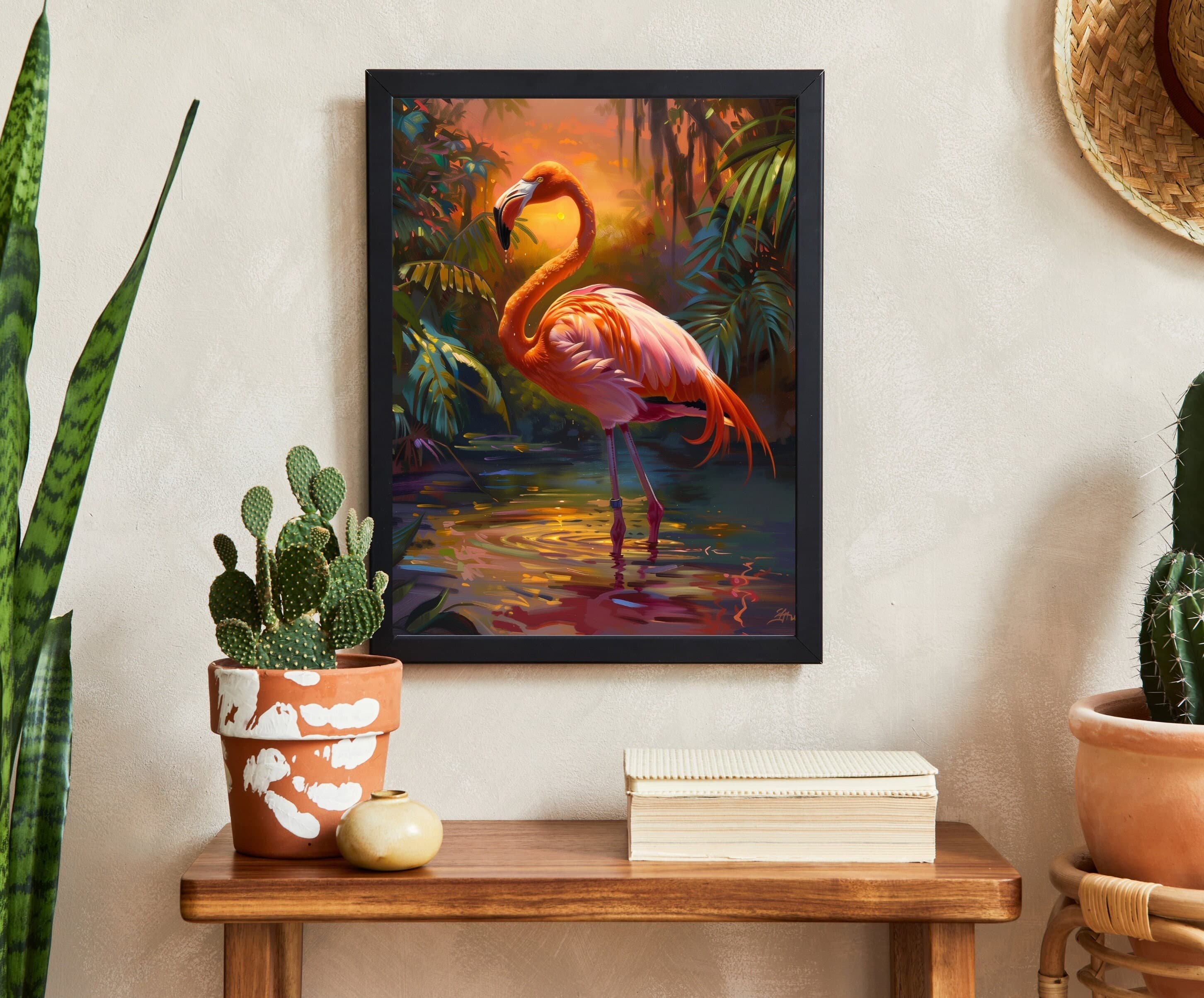 Flamingo Sunset Poster, Oil Painting, Printable Flamingo Wall Art, , Flamingo Print, Tropical Bird Sunset Print, Flamingo Digital Print - view 3