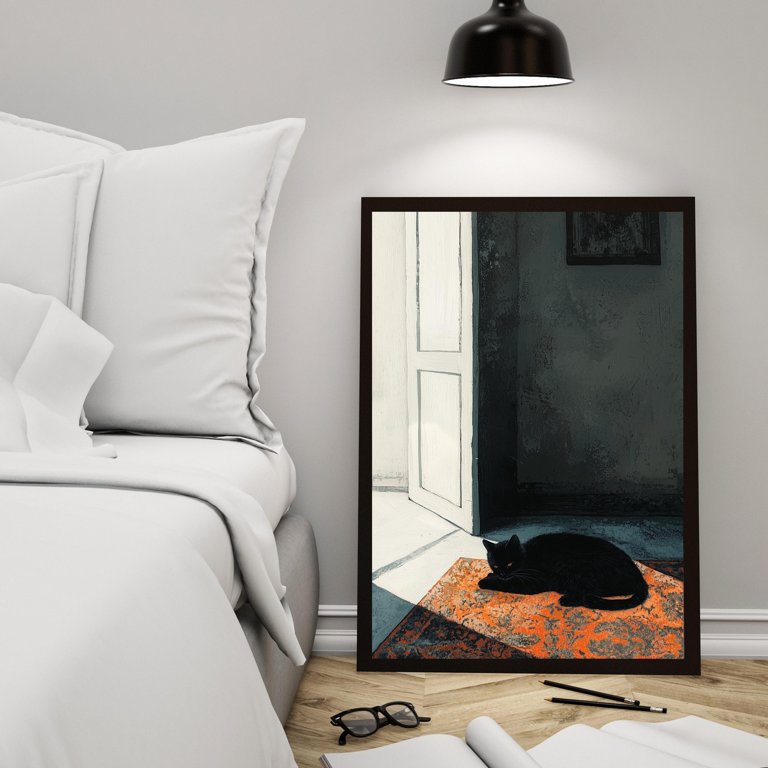Moody Black Cat in Sunlit Room, Dark Minimalist Art, Black Cat Digital Download, Black Cat Poster, Maximalist Black Cat Art, Cat Lover Gİft - view 6