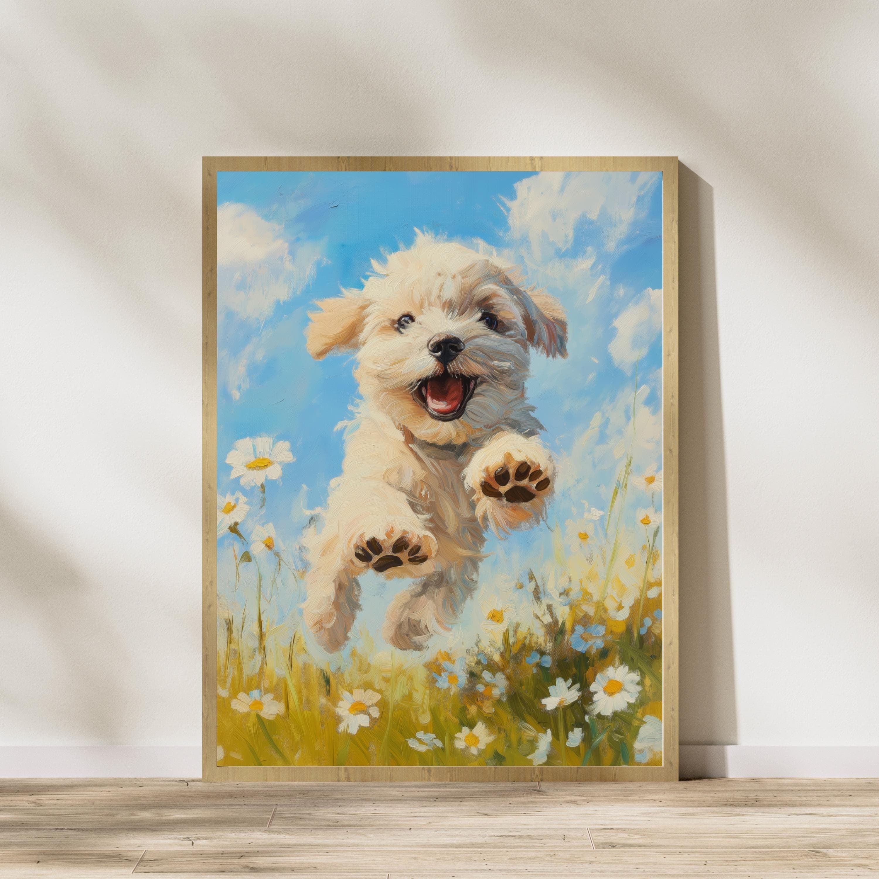 Colorful Puppy Wall Art, Colorful Dog Print, Oil Painting, Playful Dog Art Print, Nursery Wall Decor, Cute Dog Wall Art, Preppy Room Decor