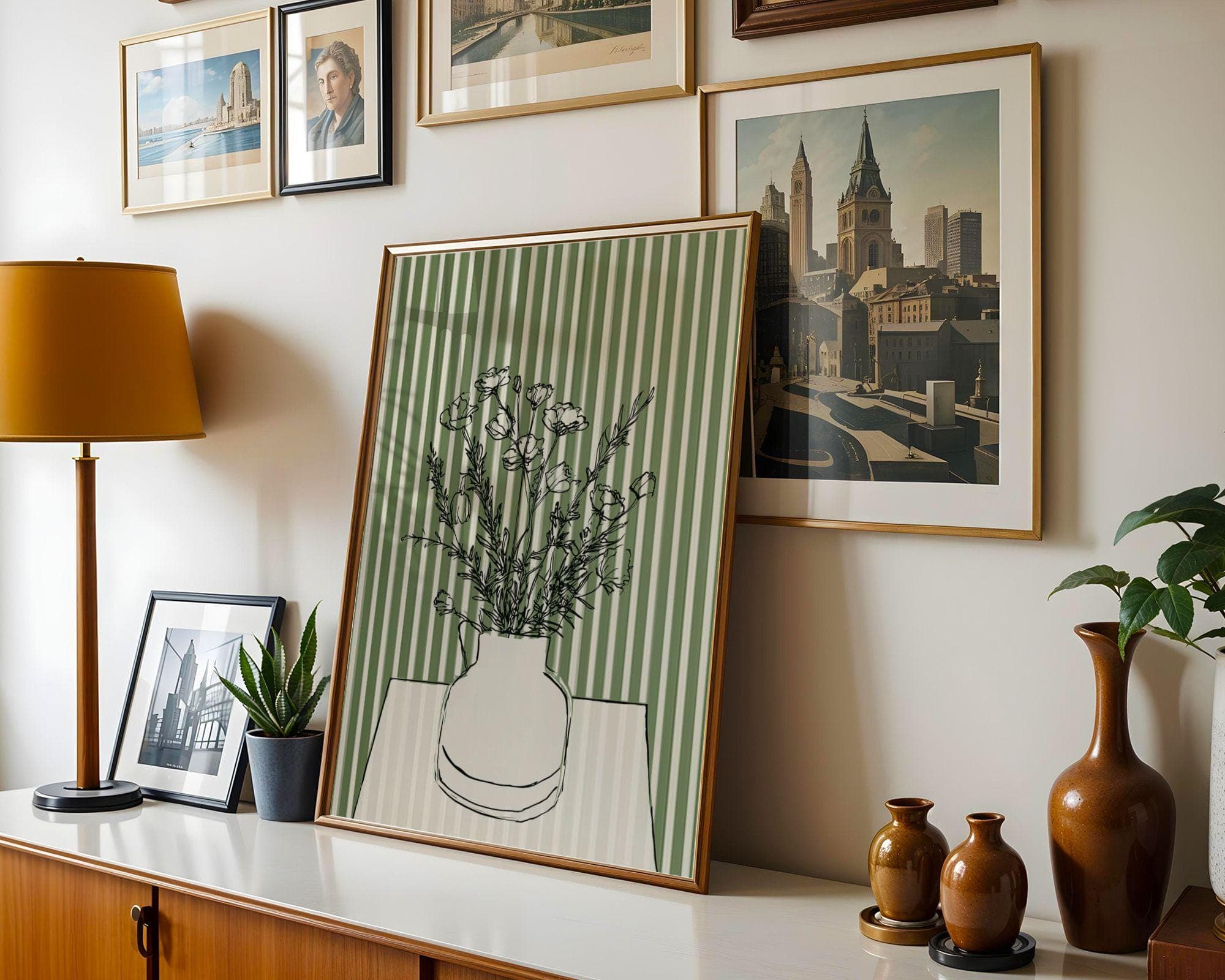 Minimal Botanical Line Art, Scandinavian Wall Decor, Minimal Flower Vase Print, Abstract Floral Line Art, Green Aesthetic Wall Art, Digital - view 2