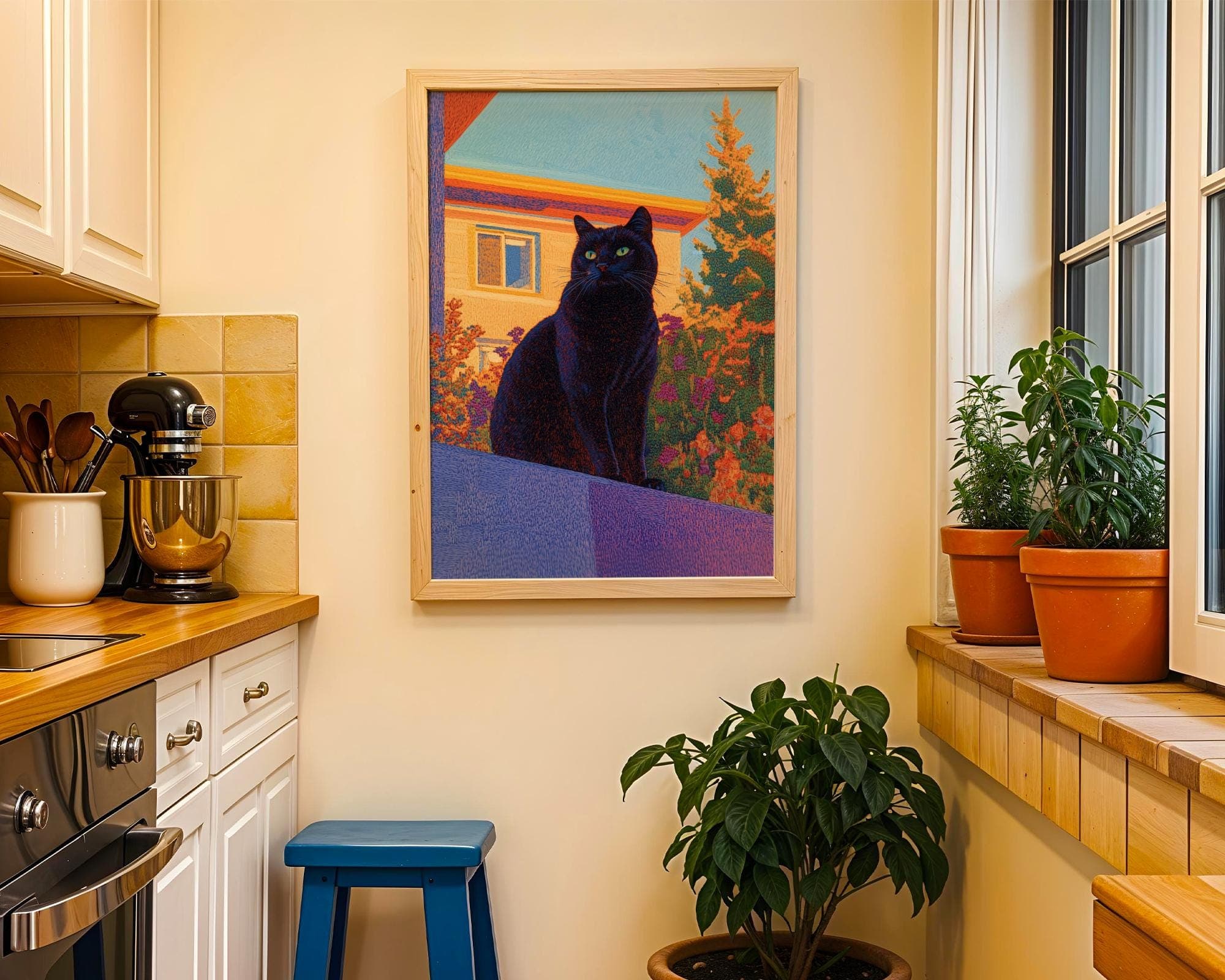 Retro Black Cat on Balcony Art, Unique Wall Art, Retro Wall Poster, Retro-Style Black Cat Painting, Quirky Cat Poster, Printable Black Cat - view 4