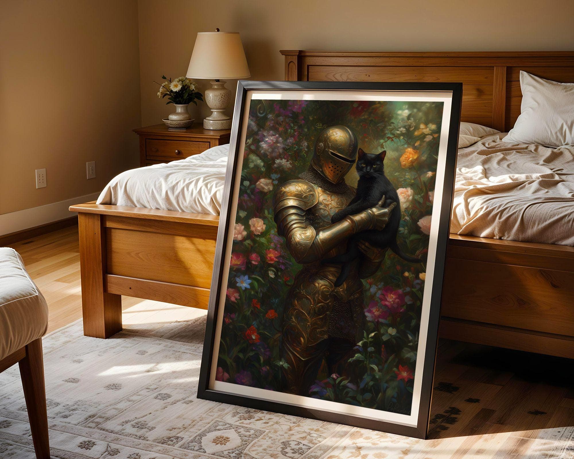 Medieval Knight and Black Cat Painting, Medieval Fantasy Painting, Fantasy Art, Whimsical Cat Decor, Digital, Maximalist, Floral Art Decor - view 3