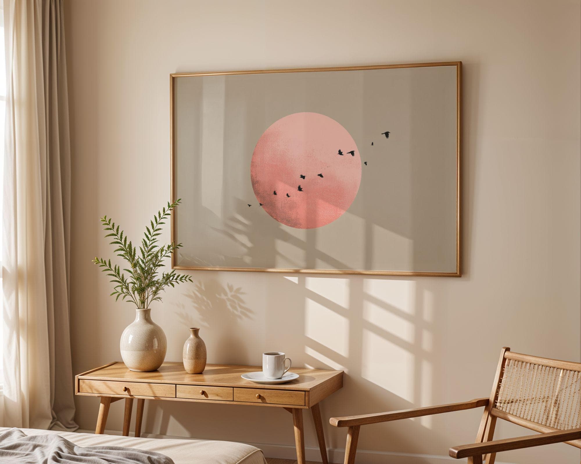 Flying Birds Across Pink Sun Poster, Japandi Wall Art Print, Flying Birds Art, Minimalist Landscape Art, Pink Moon Decor, Scandinavian Print - view 2