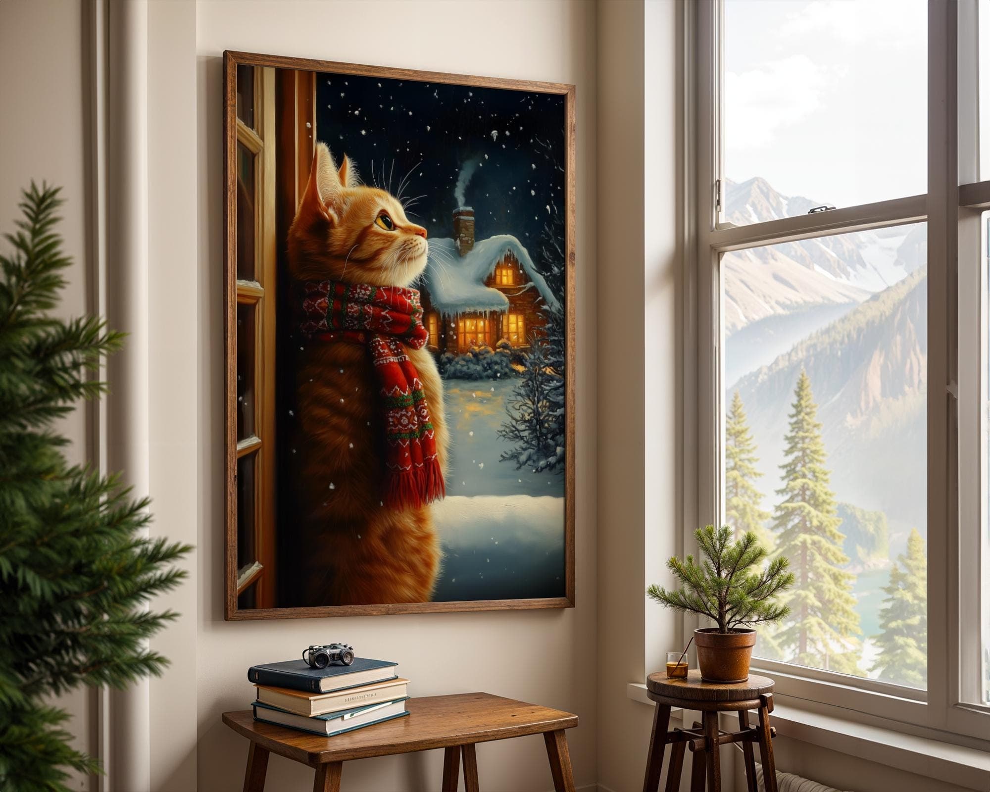 Orange Cat in Scarf Art, Holiday Wall Decor, Festive Cat Wall Art, Orange Cat Christmas Print, Winter Cat Illustration, Christmas Decor - view 6