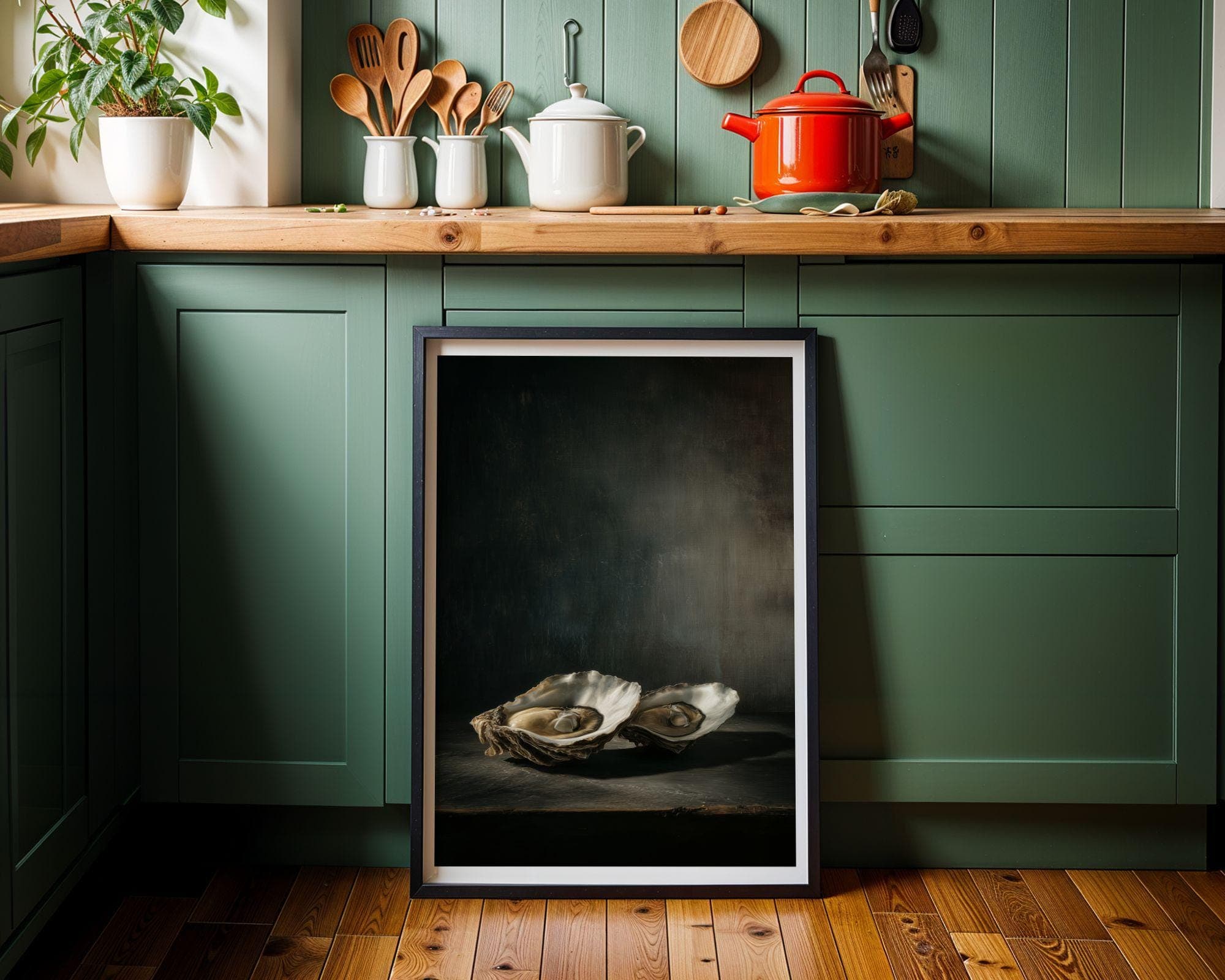 Moody Oyster Wall Art, Coastal Kitchen Decor, Oyster Shell Painting, Dark Neutral Dining Room Wall Art, Dark Coastal Wall Art, Vintage Art - view 4