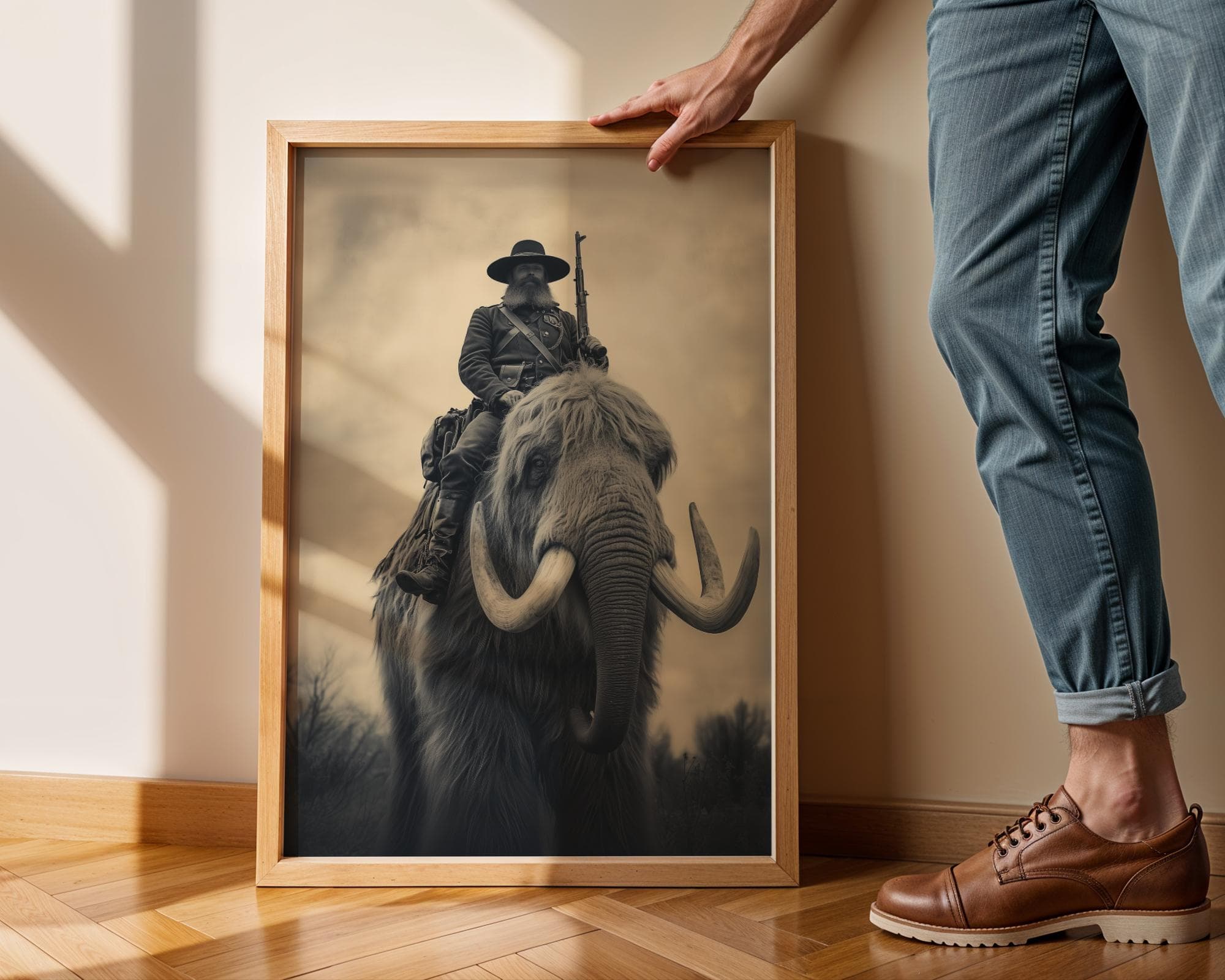 Cowboy Riding Mammoth Sepia Fantasy Art Print, Prehistoric Fantasy Western Print, Surreal Western Art Poster, Monochrome Fantasy Print - view 5