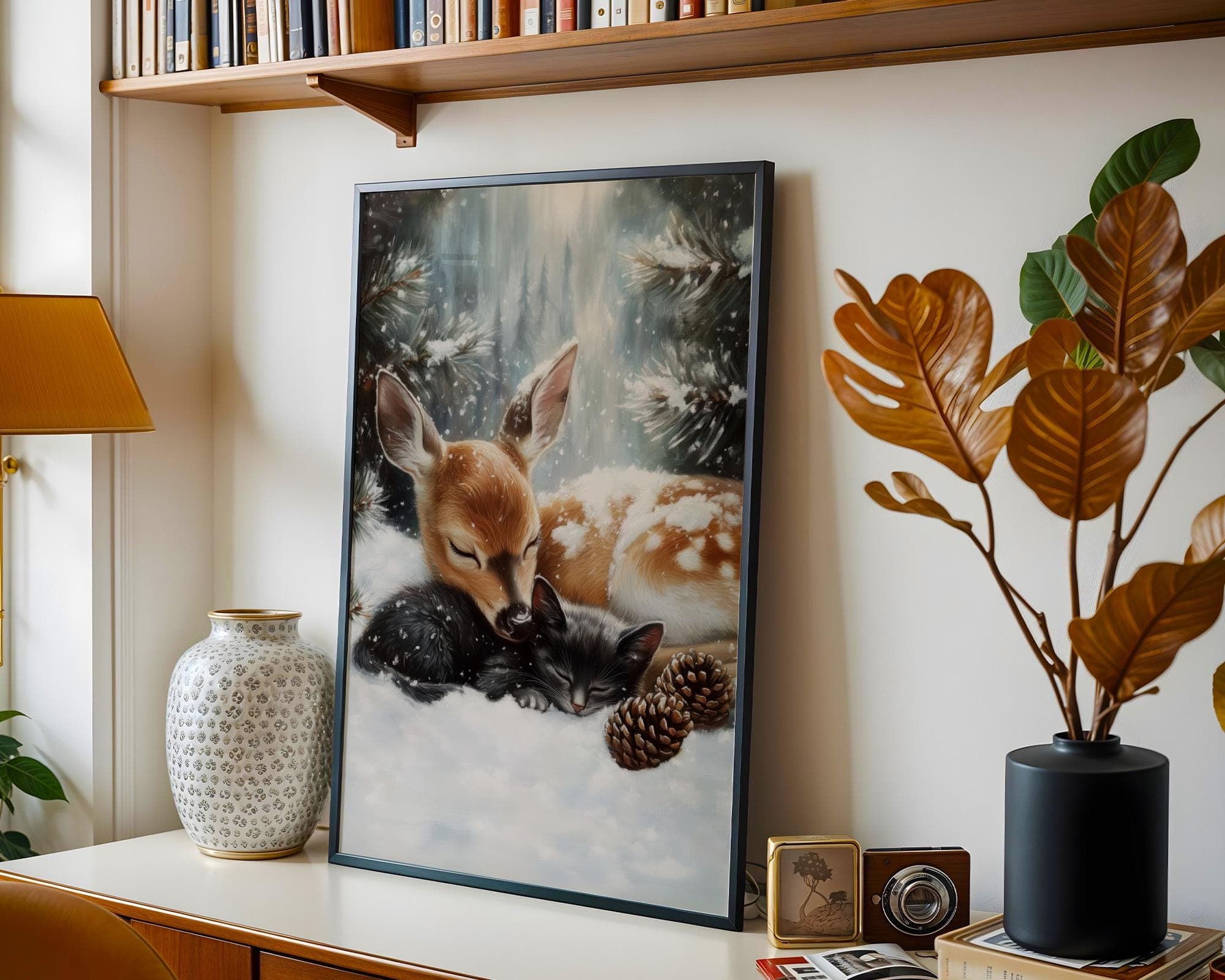 Fawn and Black Cat Christmas Poster, Baby Deer and Kitten Xmas Cat Wall Art, Winter Animal Wall Decor, Farmhouse Holiday Decor, Digital Art - view 4