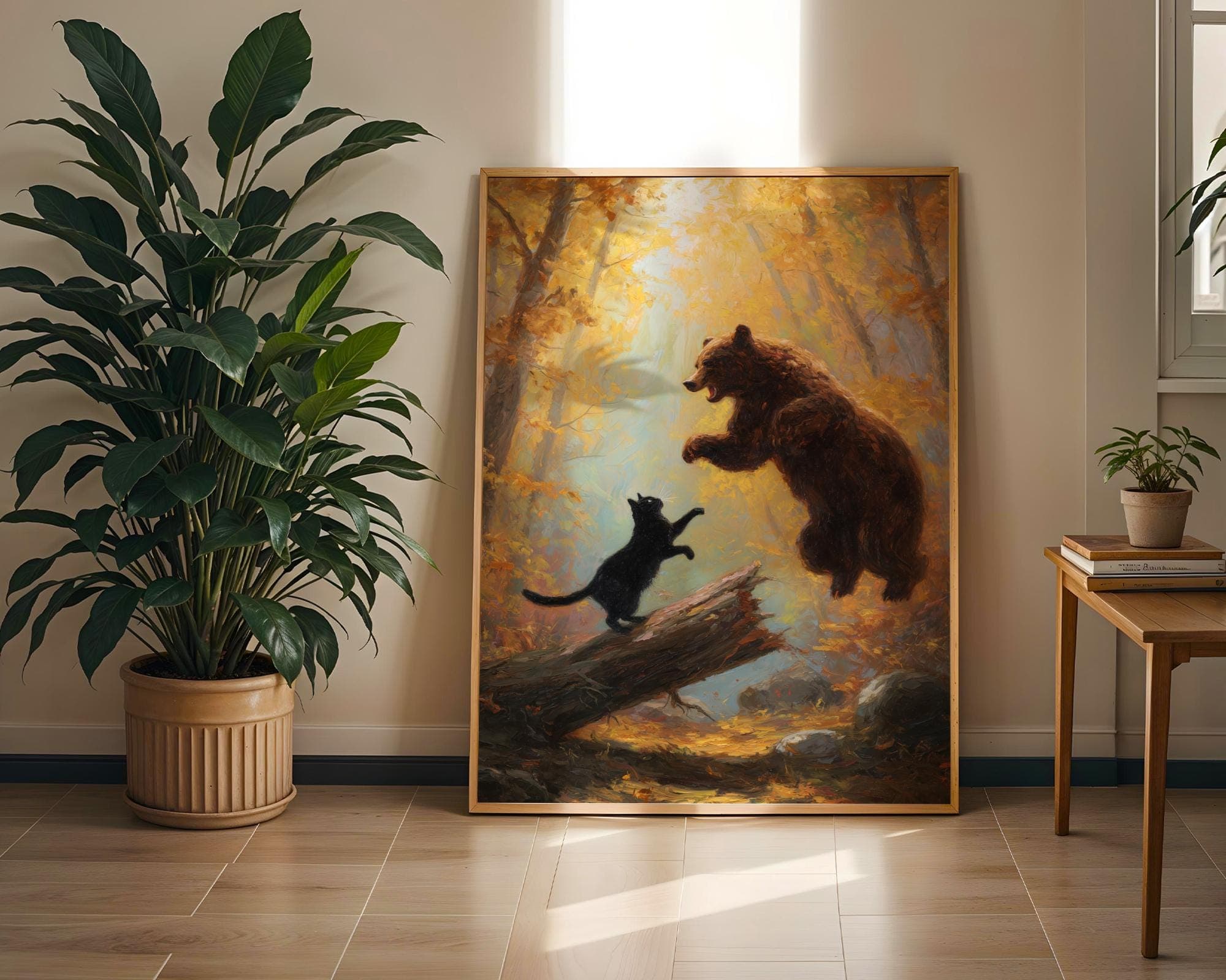 Bear and Cat Fantasy Print, Maximalist Cat and Bear Wall Art, Funny Black Cat Decor, Dramatic Oil Style Animal Painting, Funny Black Cat Art - view 2
