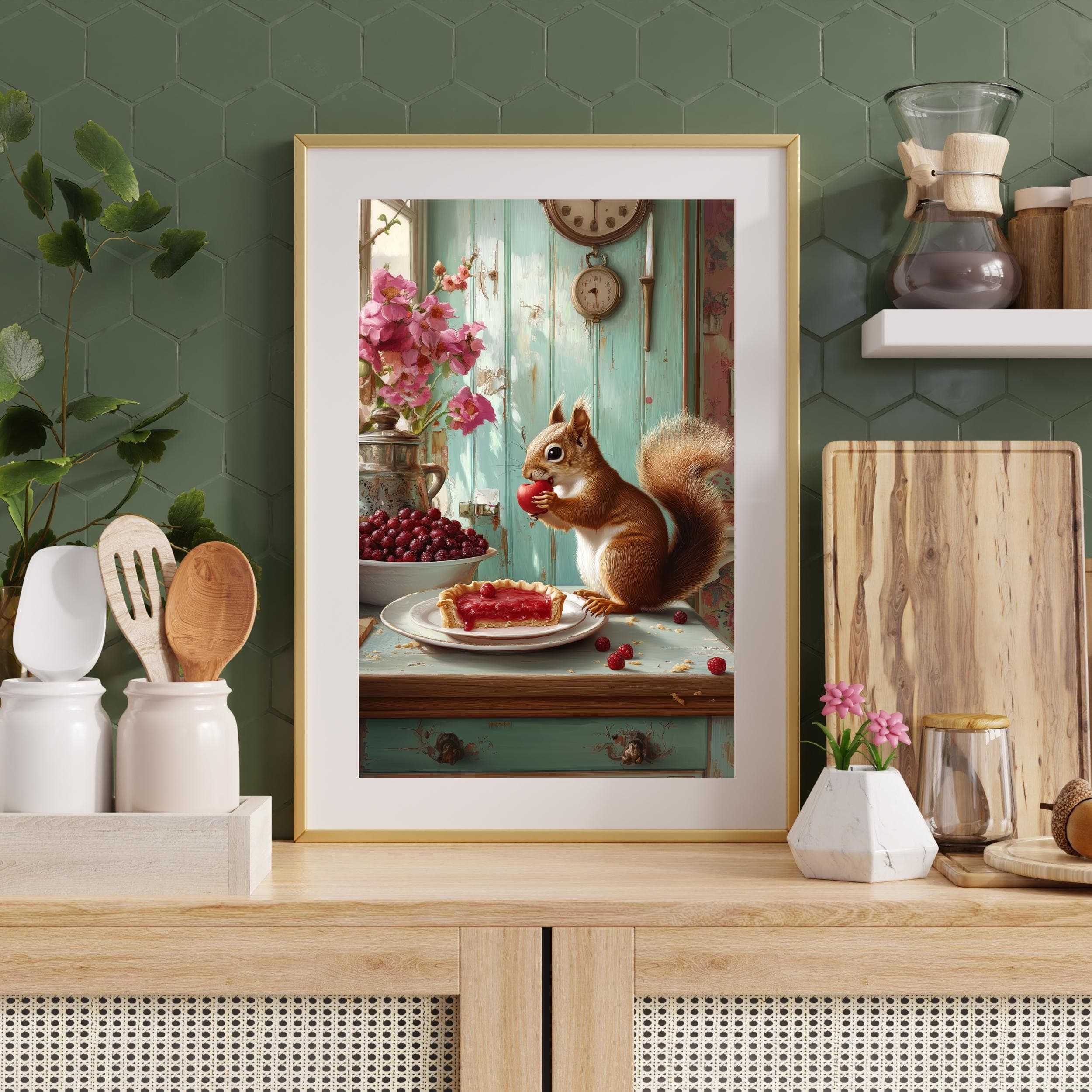 Whimsical squirrel with raspberry tart poster | Vintage kitchen art | Cute woodland animal painting, Rustic kitchen wall art, Kitchen Decor - view 3