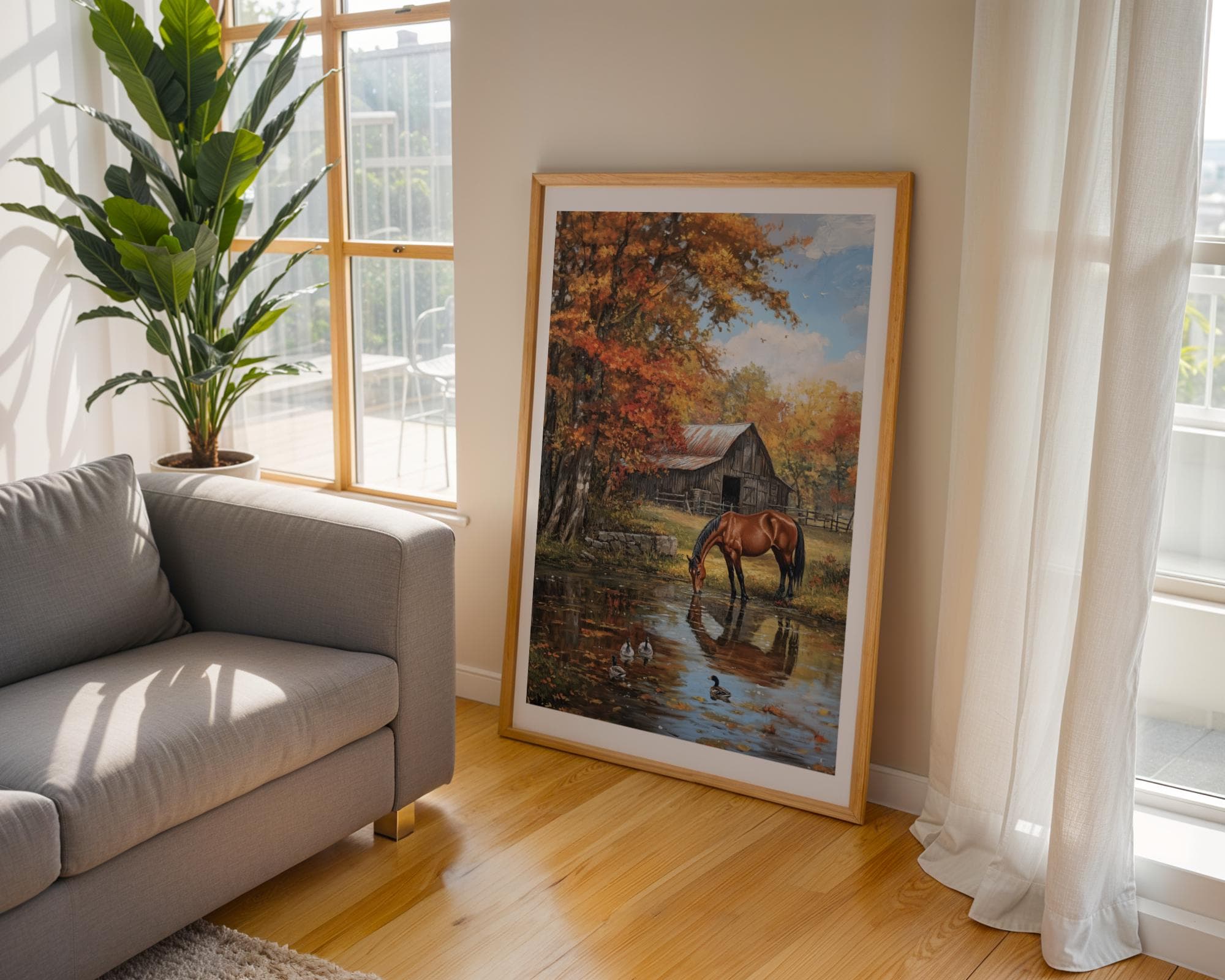 Pastoral Horse Farm Wall Print, Farmhouse Nature Wall Decor, Golden Fall Countryside Print, Countryside Reflection Print, Digital Download - view 6