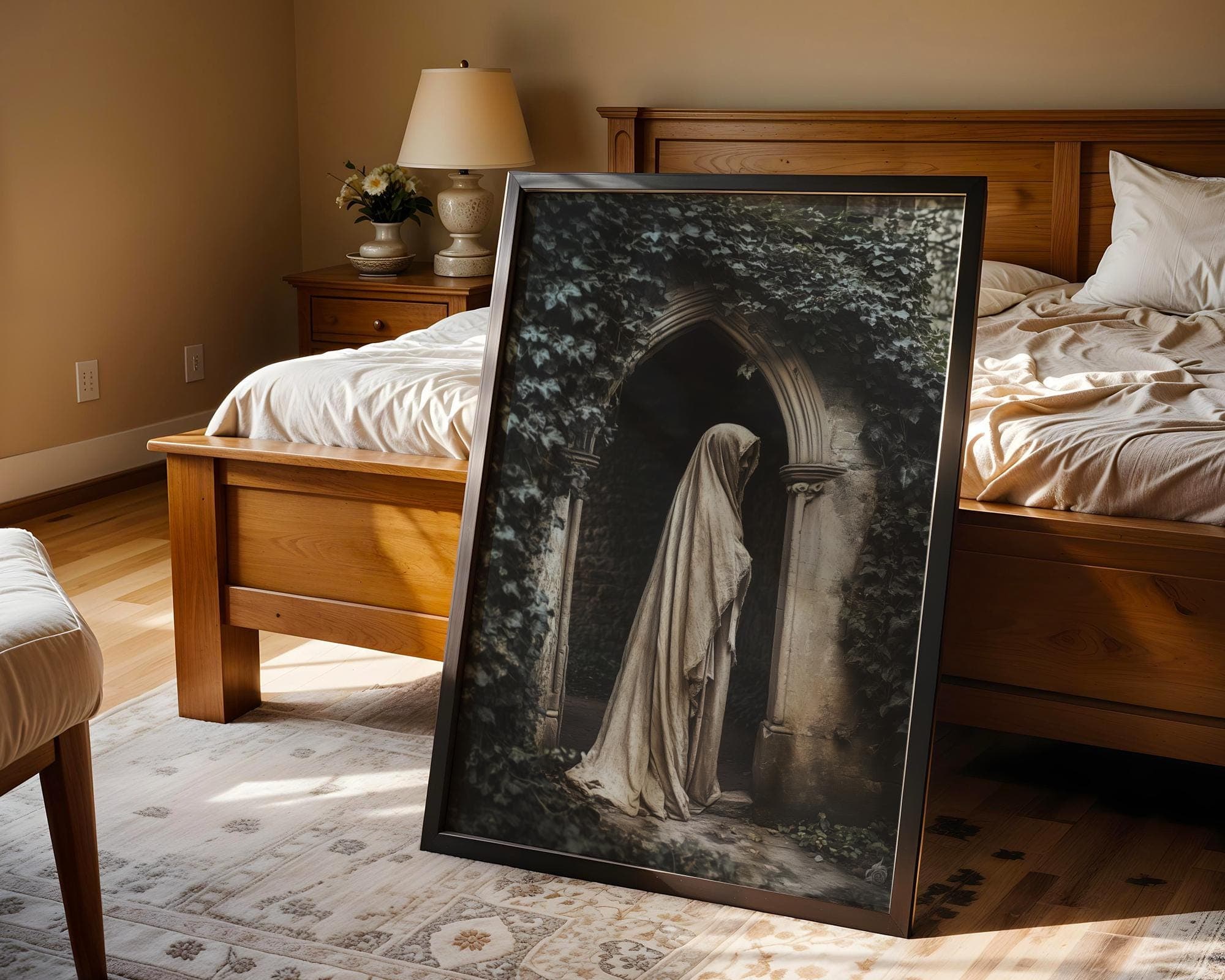 Veiled Woman under Ivy Canvas – Moody Gothic Portrait for Bedroom Decor, Dark Academia Wall Print, Vintage Veiled Woman Poster, Digital Art - view 3