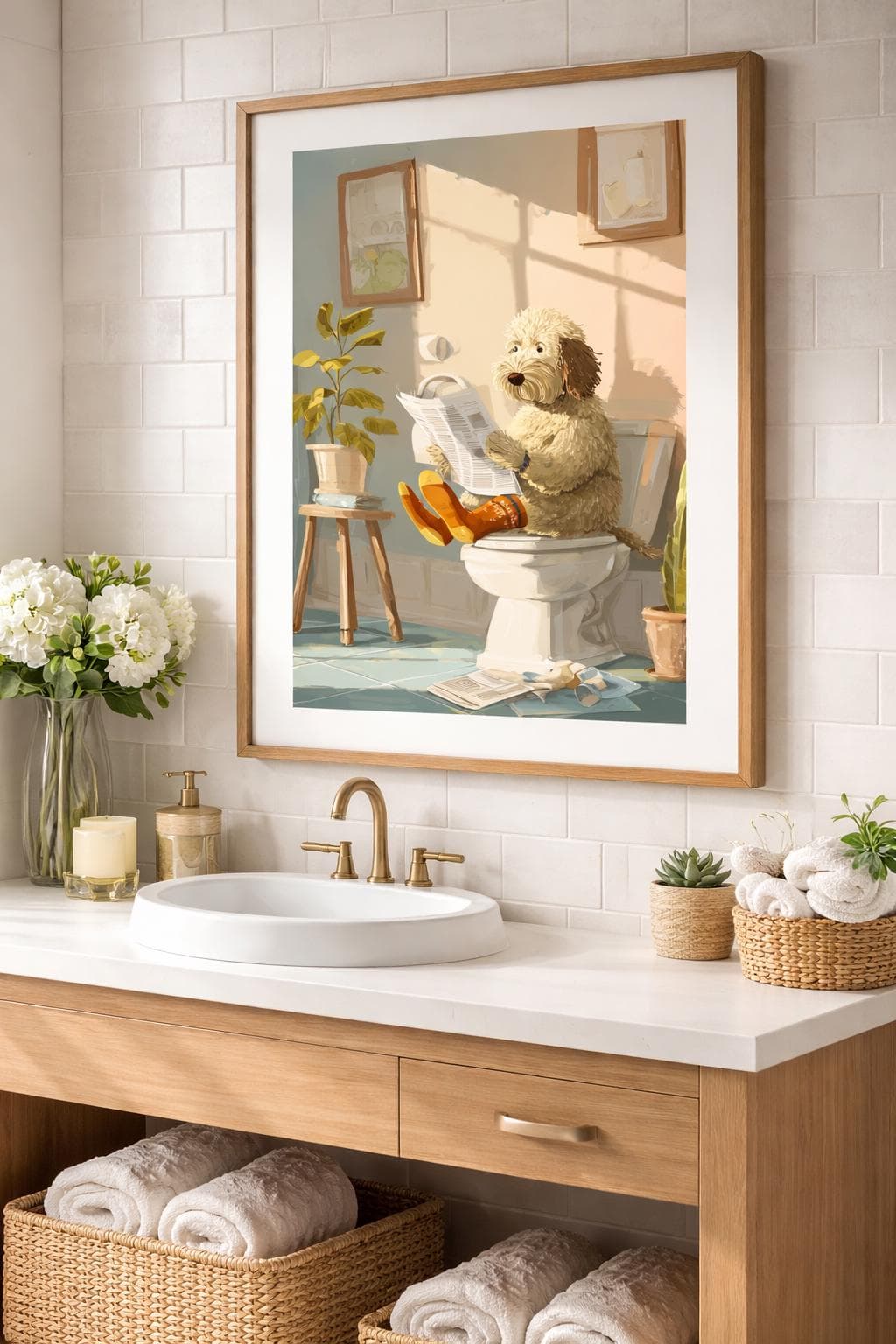 Funny Bathroom Dog Wall Art Print, Whimsical Poodle Reading Newspaper on Toilet, Funny Bathroom Dog Poster Print, Quirky Bathroom Poster - view 2