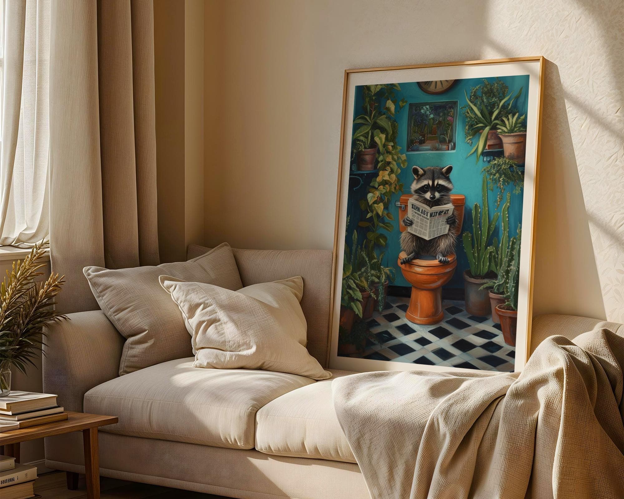 Cute Racoon on Toilet, Funny Bathroom Decor, Pintable Racoon, Funny Racoon Reading on Toilet, Humor Cute Racoon Poster, Kids Bathroom Prints - view 3