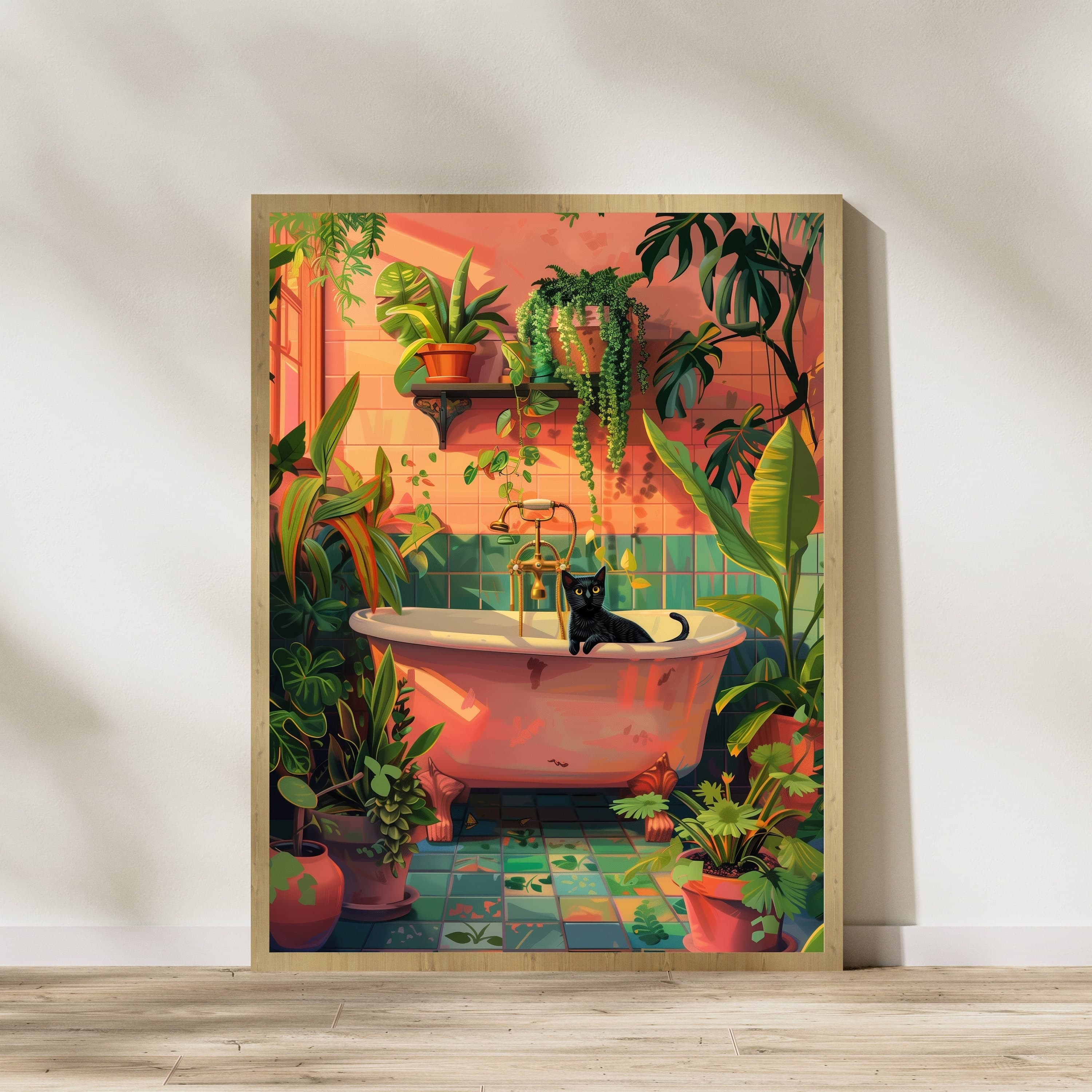 Black Cat in Bathtub Art Print, Tropical Bathroom Decor (Digital Download)