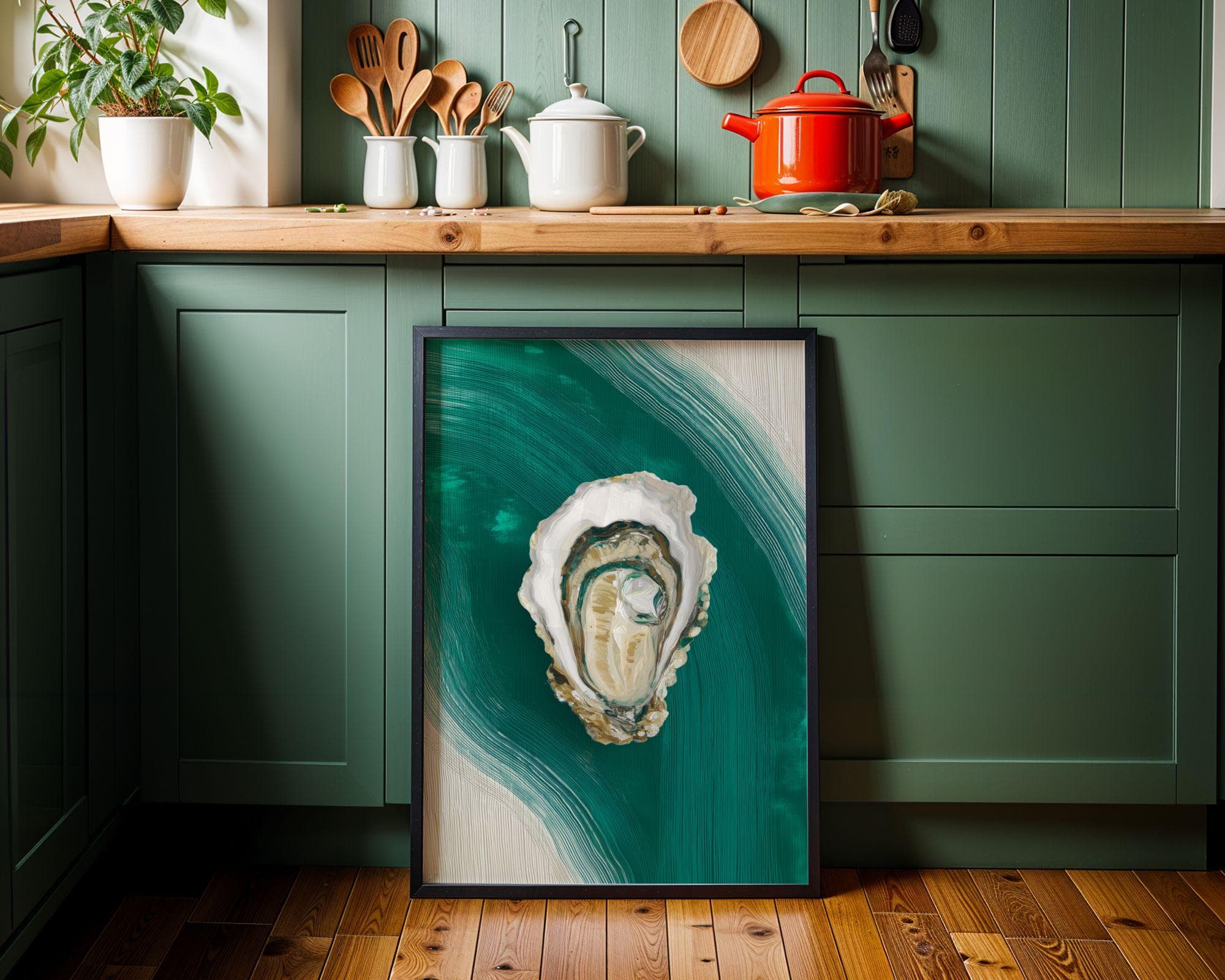 Oyster Shell Wall Art, Coastal Green Ocean Decor, Beach House Print, Minimalist Sea Life Poster, Summer Decor, Teal Ocean Abstract Painting - view 2