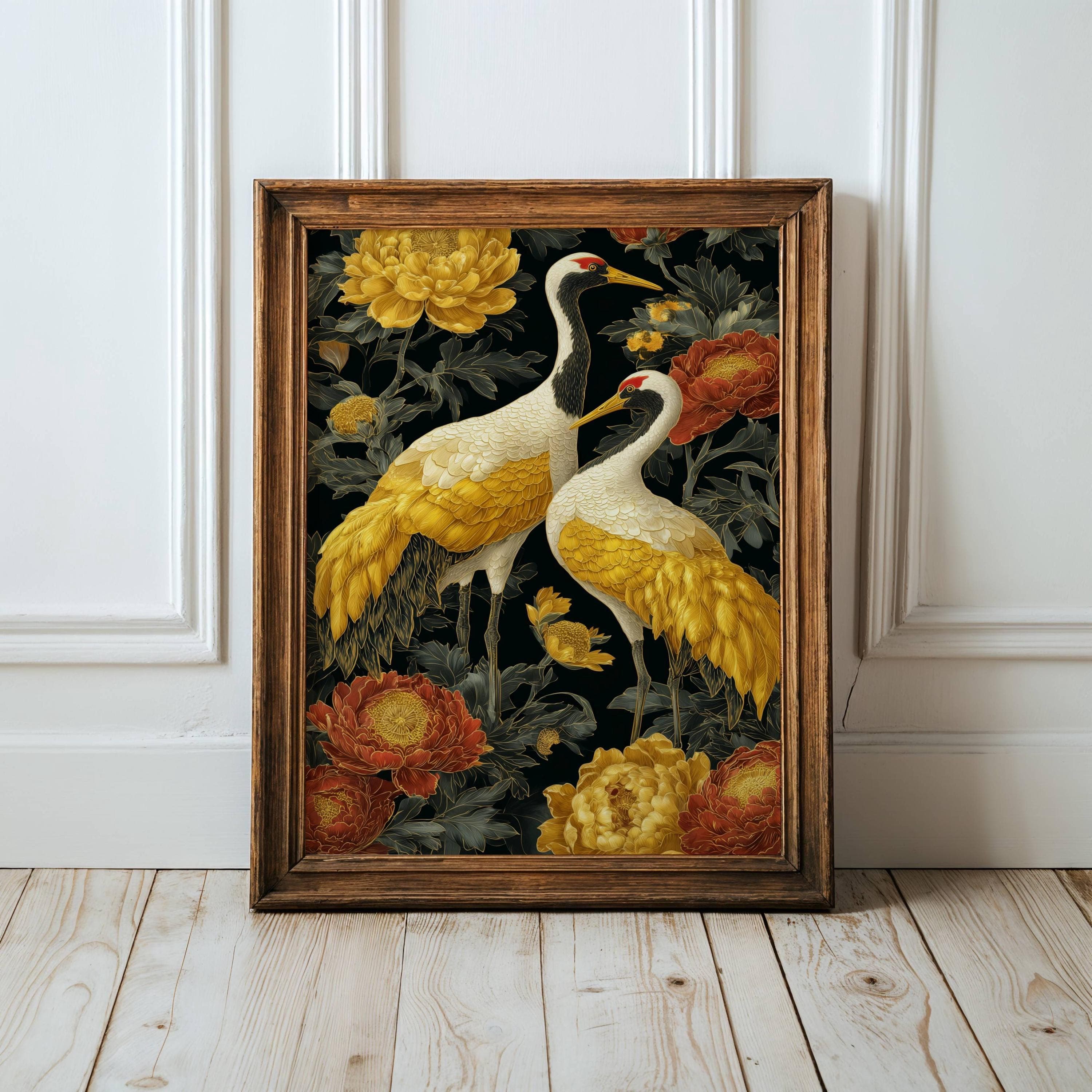Gold Crane Wall Art Black Floral Painting, Japanese Crane Wall Art, Gold Bird Painting, Oriental Floral Artwork, Asian Decor Print