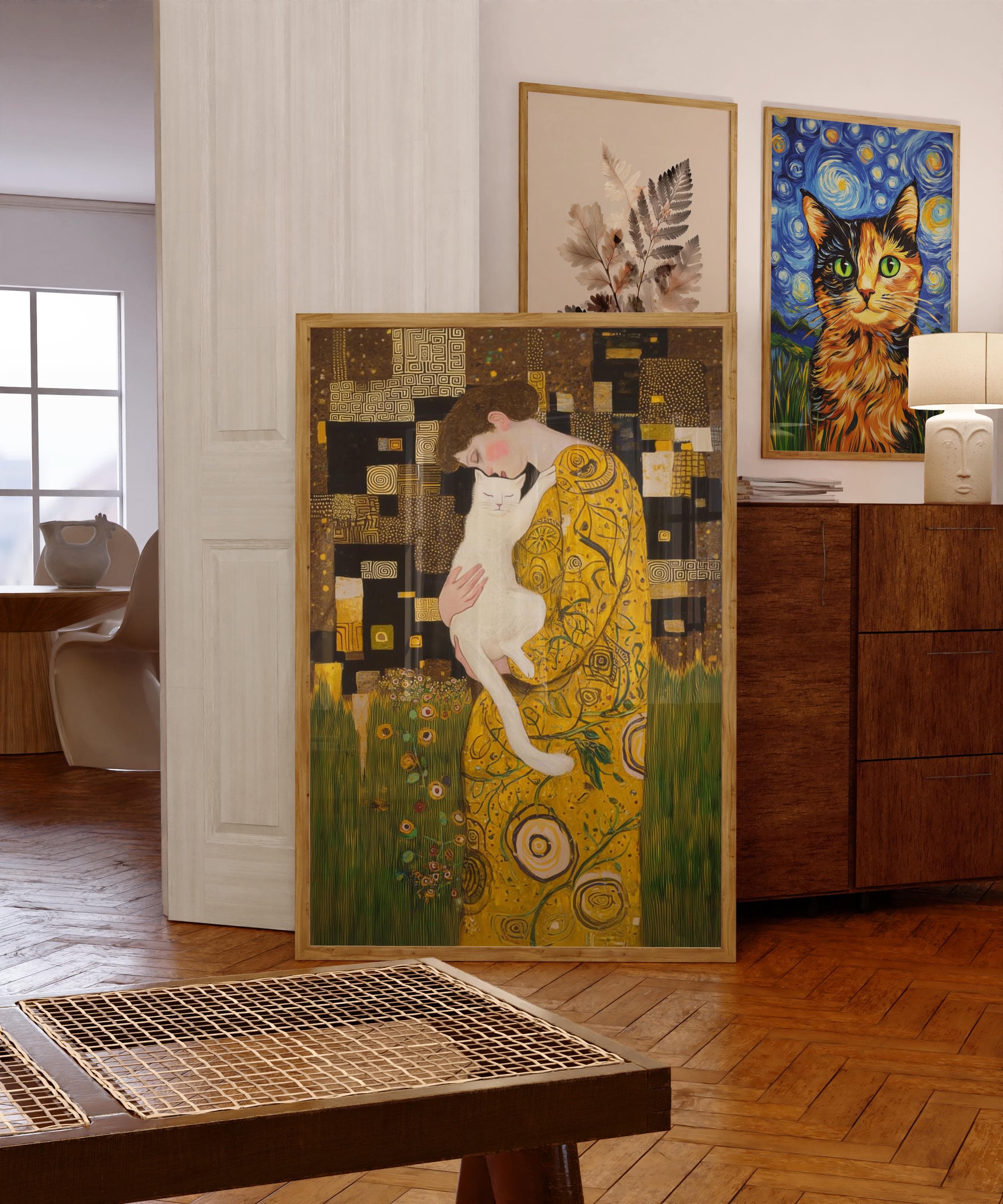 Gustav Klimt Inspired Cat Art Golden Woman with White Cat Painting Print, Whimsical Cat Lover Wall Art, Golden Cat Art Print, Digital Art
