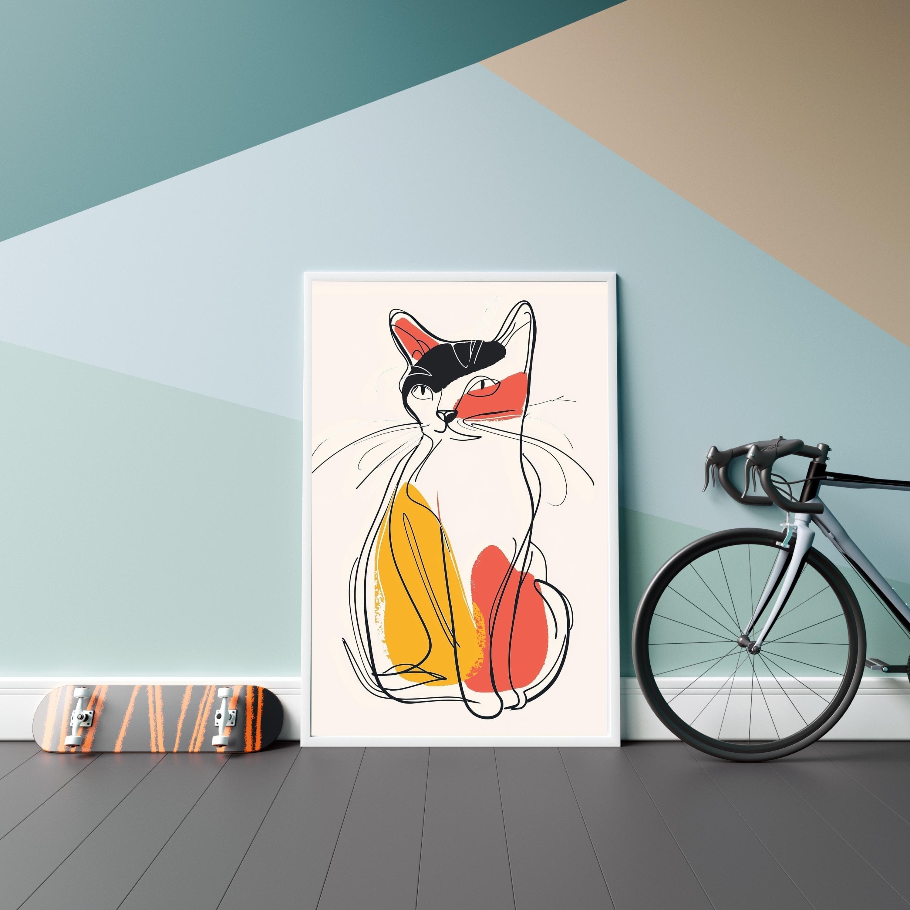 Abstract Cat Poster, Abstract Yellow and Red Cat Illustration, Minimalist Wall Decor, Whimsical Cat Art Print, Minimalist Cat Wall Decor - view 3