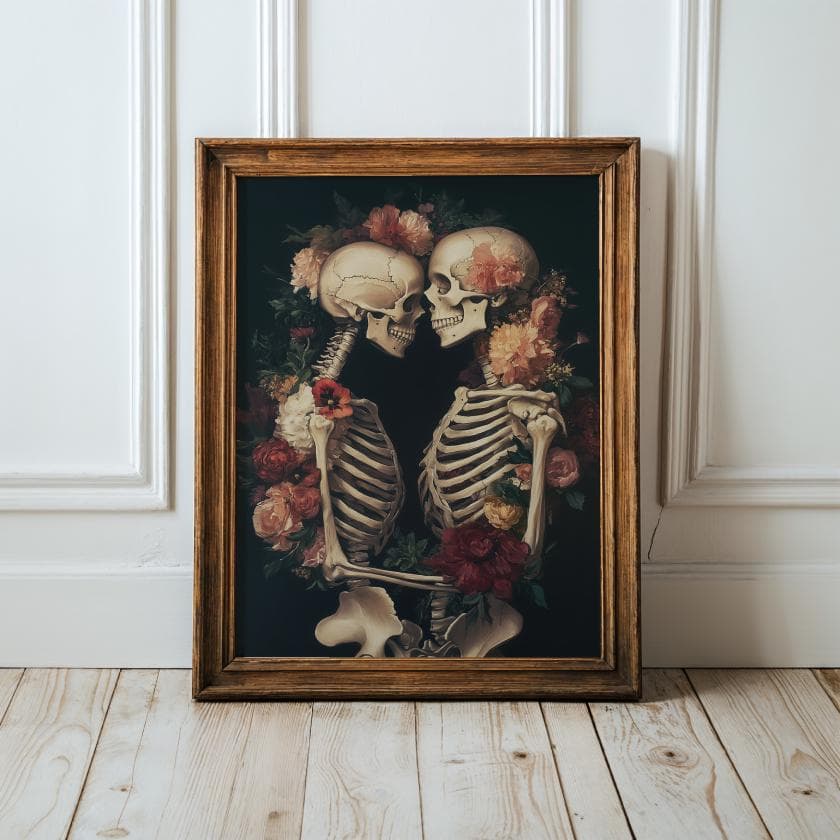 Floral Skeleton Embrace Print – Gothic Love Wall Art, Skeleton Couple Wall Art, Vintage Floral Gothic Romance Print, Floral Skeleton Poster