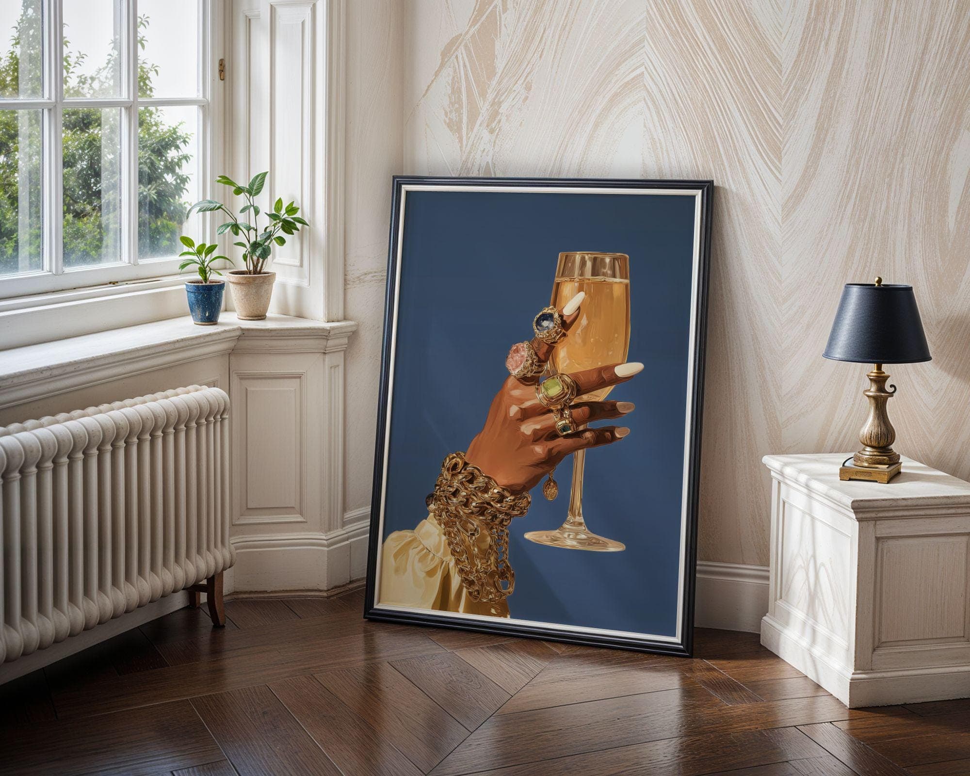 Chic Fashion Wall Art – Gold Rings and Champagne Poster, Wine Printable, Bar Cart Decor, Black Woman Wall Art, Black Girl Print, Bar Decor - view 5