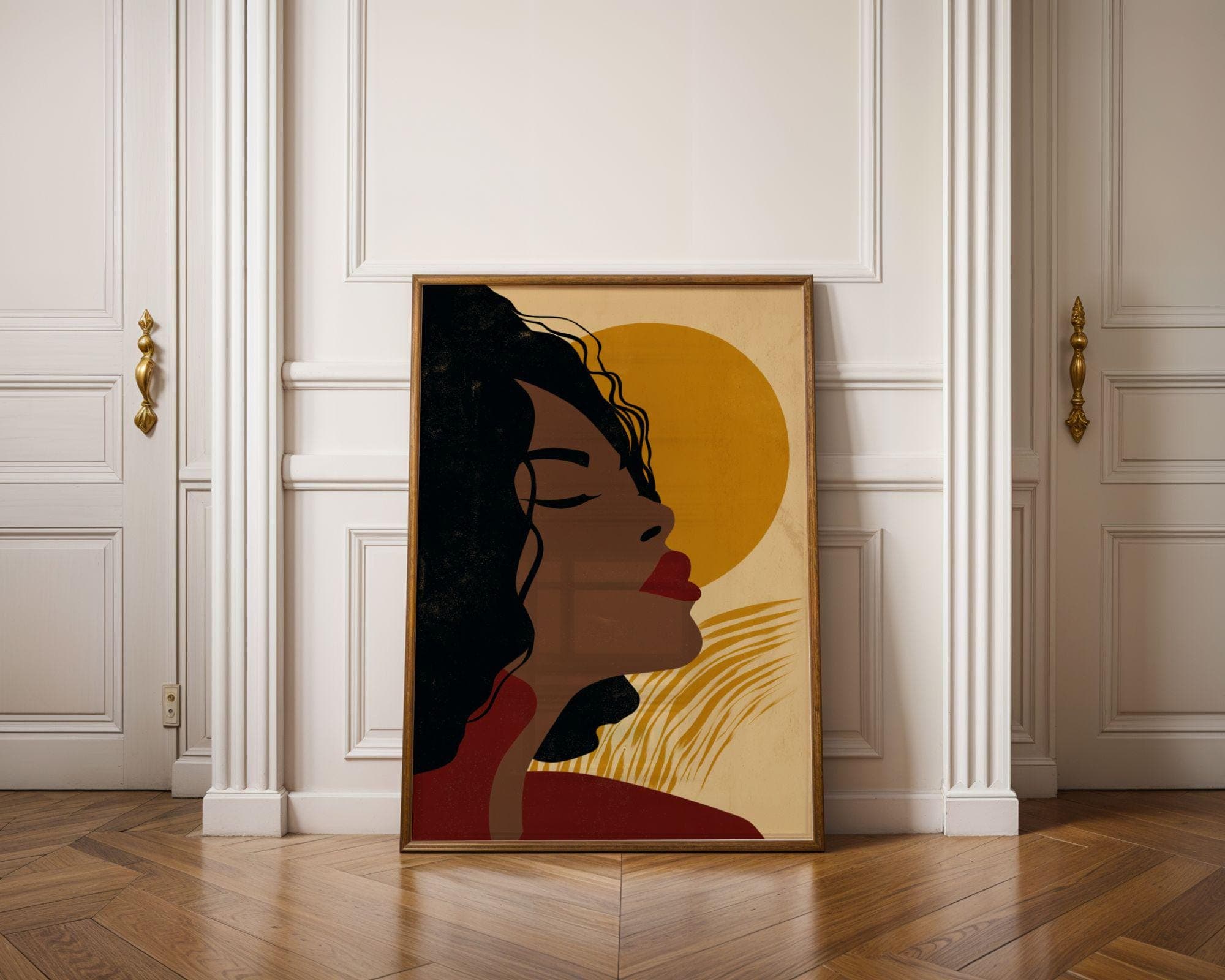 Black Woman Wall Art, Red Lips Portrait, Golden Sun, Boho Neutral Decor Print, Modern Afrocentric Decor, Earthy Neutral Art, Digital Print
