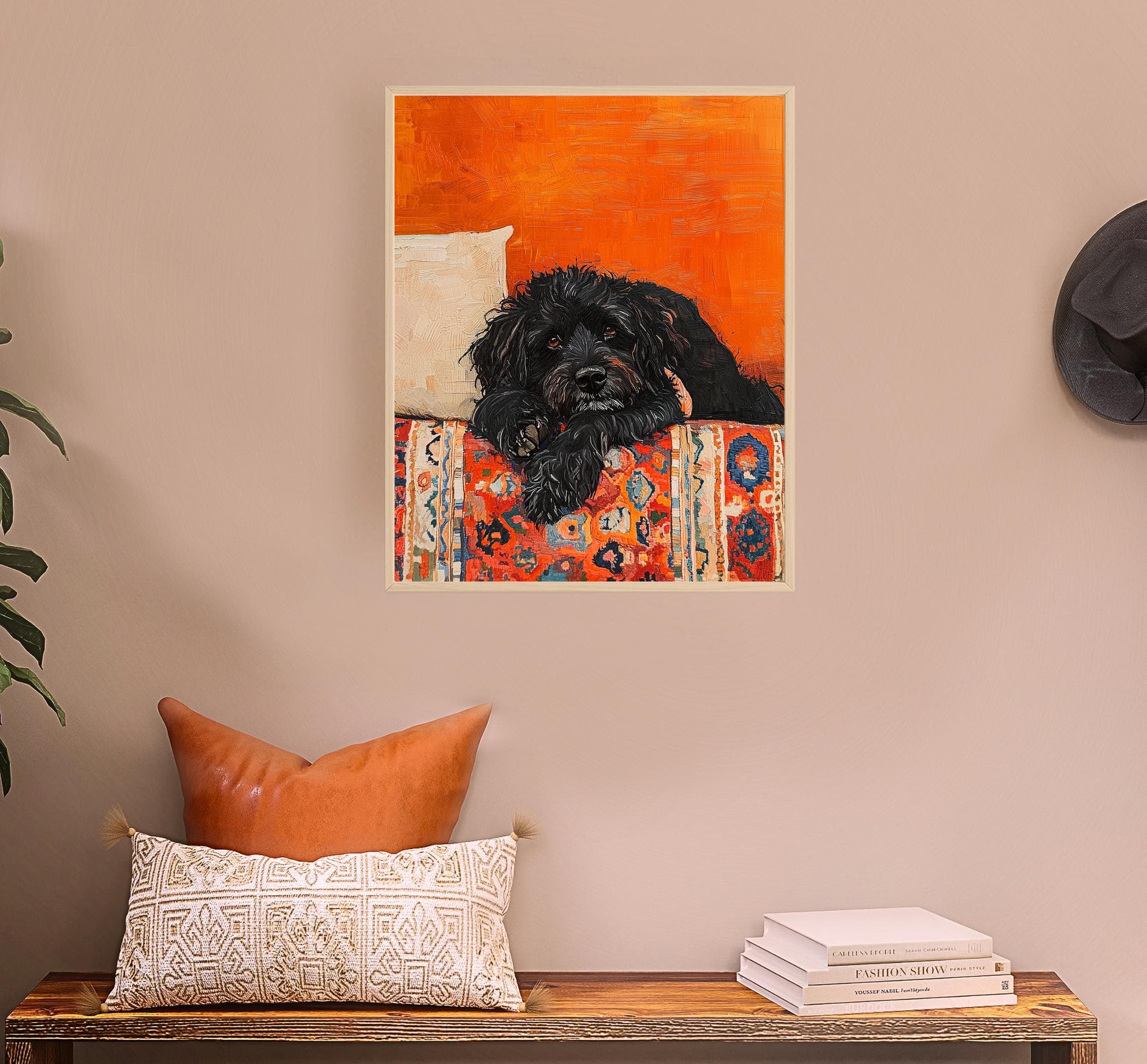 Black Dog Poster, Orange Painting Poster, Warm Orange Decor, Rustic Black Dog Painting, Maximalist Dog Art, Orange Wall Art, Orange Prints - view 6