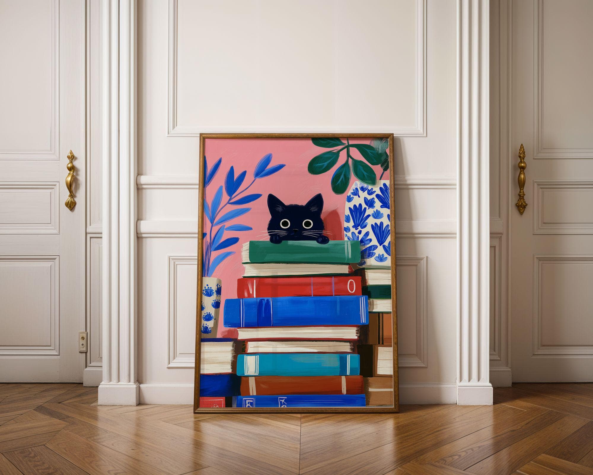 Whimsical Black Cat Wall Art, Book Lover Cat Art, Playful Black Cat Poster, Funny Black Cat Digital Painting, Pink Aesthetic Black Cat Decor