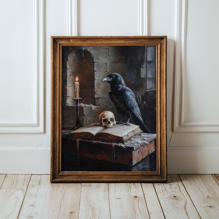 Gothic Raven Skull Grimoire Wall Art, Dark Academia Candle Book Painting, Witchcore Occult Decor Print, Macabre Candlelit Raven Art Print