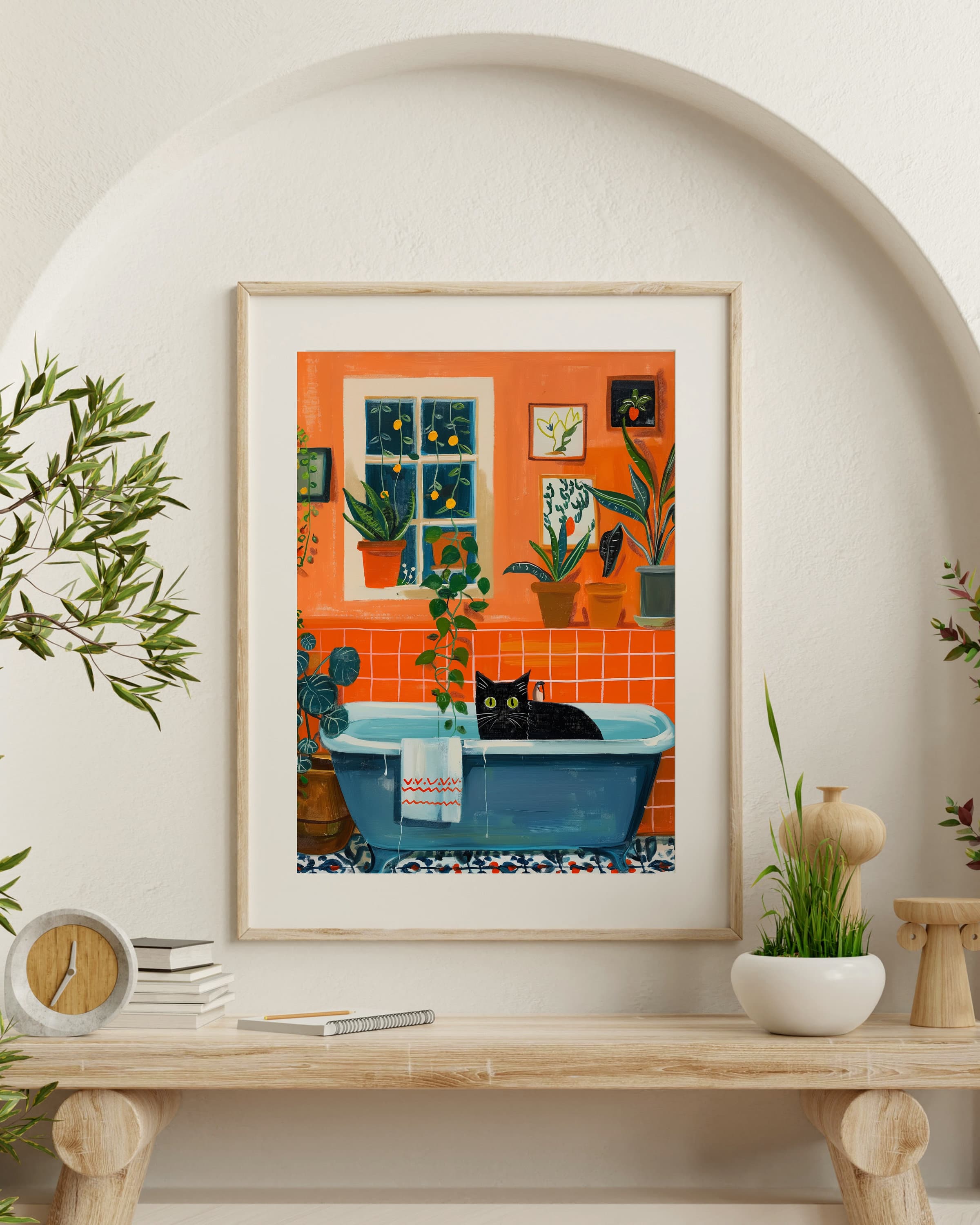 Bath Cat Print Funny, Orange Painting Poster, Animal Wall Art, Digital Wall Art, Bathtube Wall Art, Cat in Bathroom Art, Maximalist Cat Art - view 6