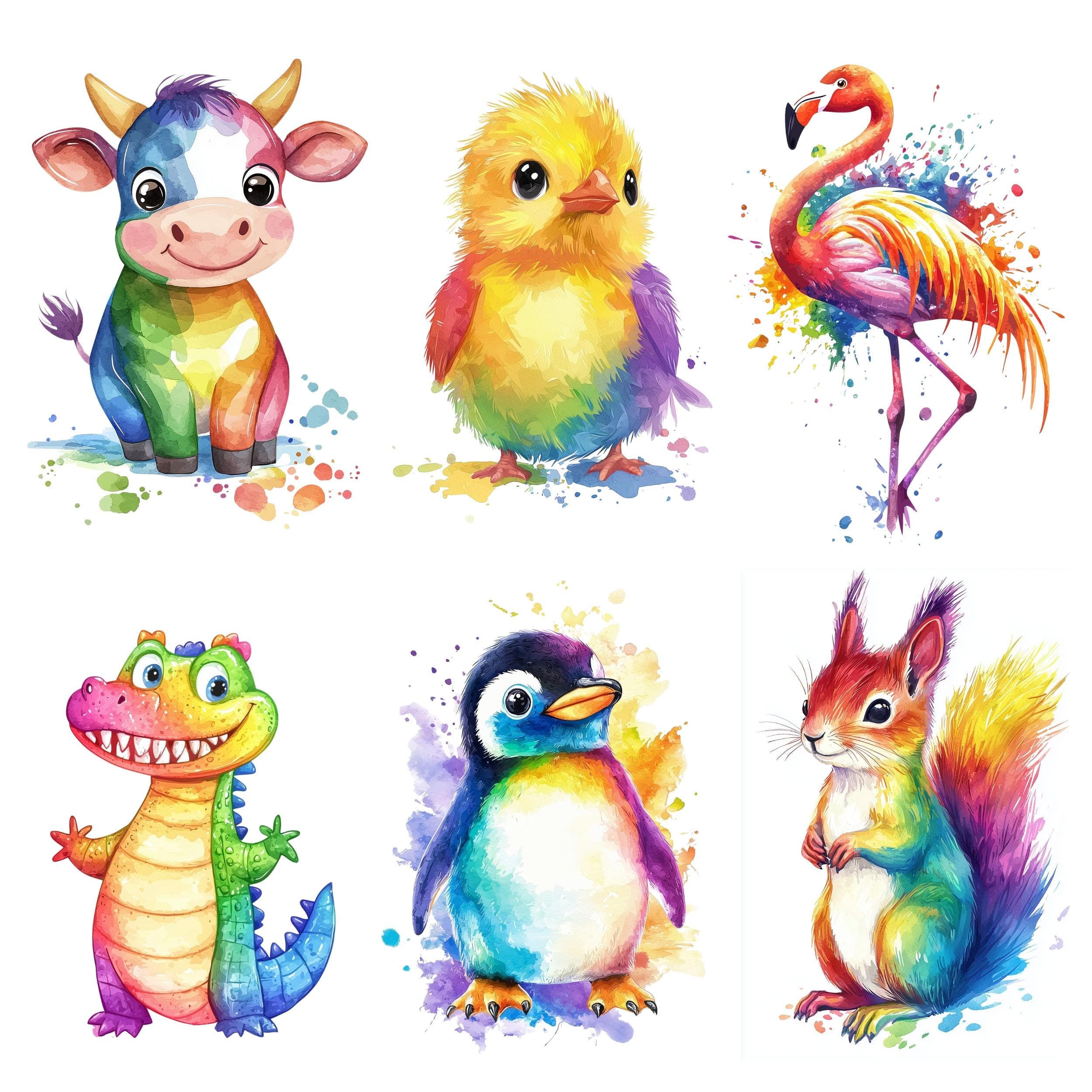 Watercolor Rainbow Animals Clipart, Colorful Animals Design, Cute Animals PNG, Safari Animals PNG, Commercial Use, Colorful Cute Animals - view 2