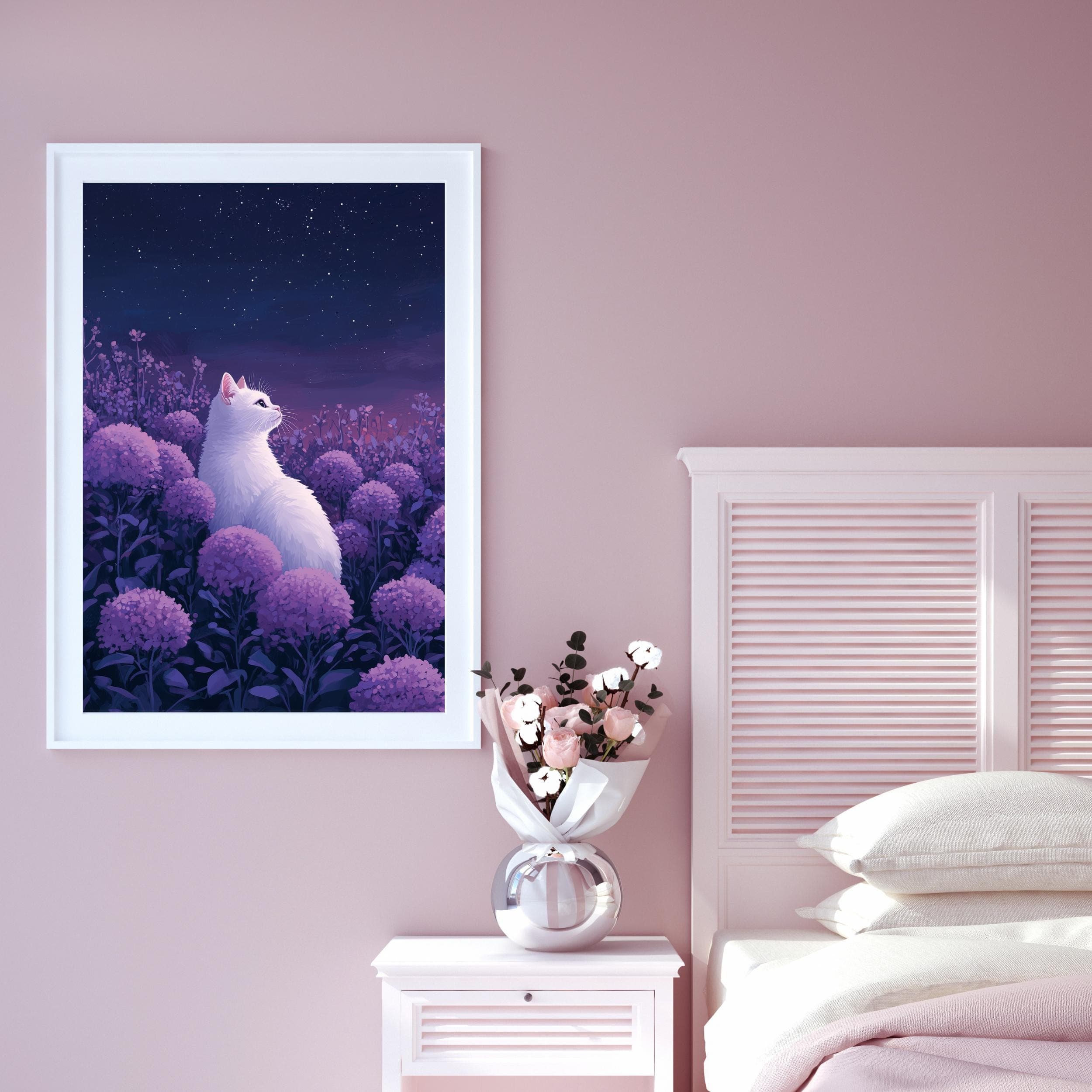 White Cat Under Starlit Sky - Purple Floral Art Print, Purple Floral Fantasy Art Print, White Cat with Lilac Flowers, White Cat Wall Print - view 3