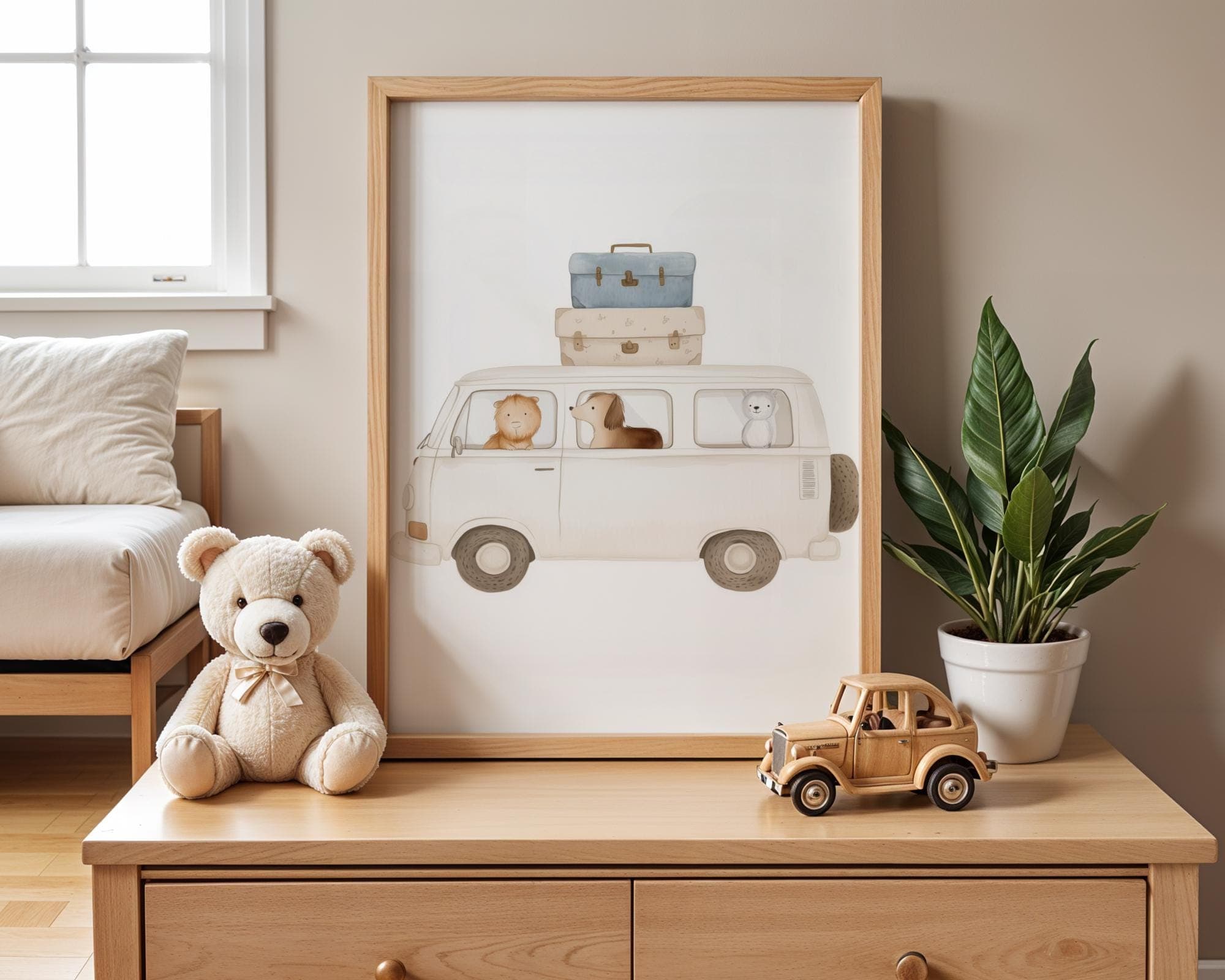 Boho Animal Van Art, Soft Neutral Aesthetic Art, Nursery and Kids’ Room Decor, Watercolor Animal Road Trip Art, Nurserywall Art, Printable - view 3