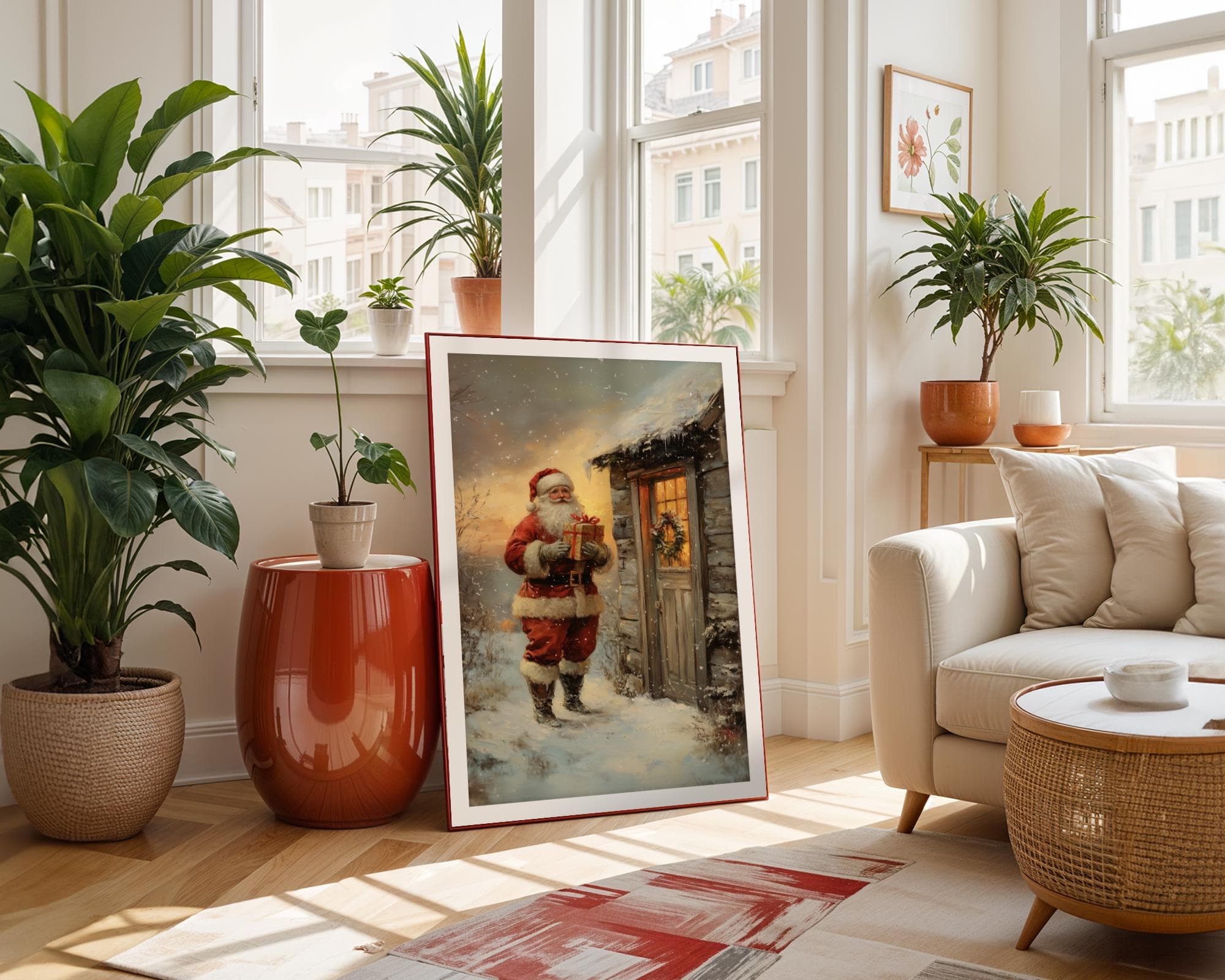Santa Delivering Christmas Gift Poster, Digital Download, Christmas Eve Santa Art - Winter Wonderland Rustic Decor,Holiday Wall Art Painting - view 4