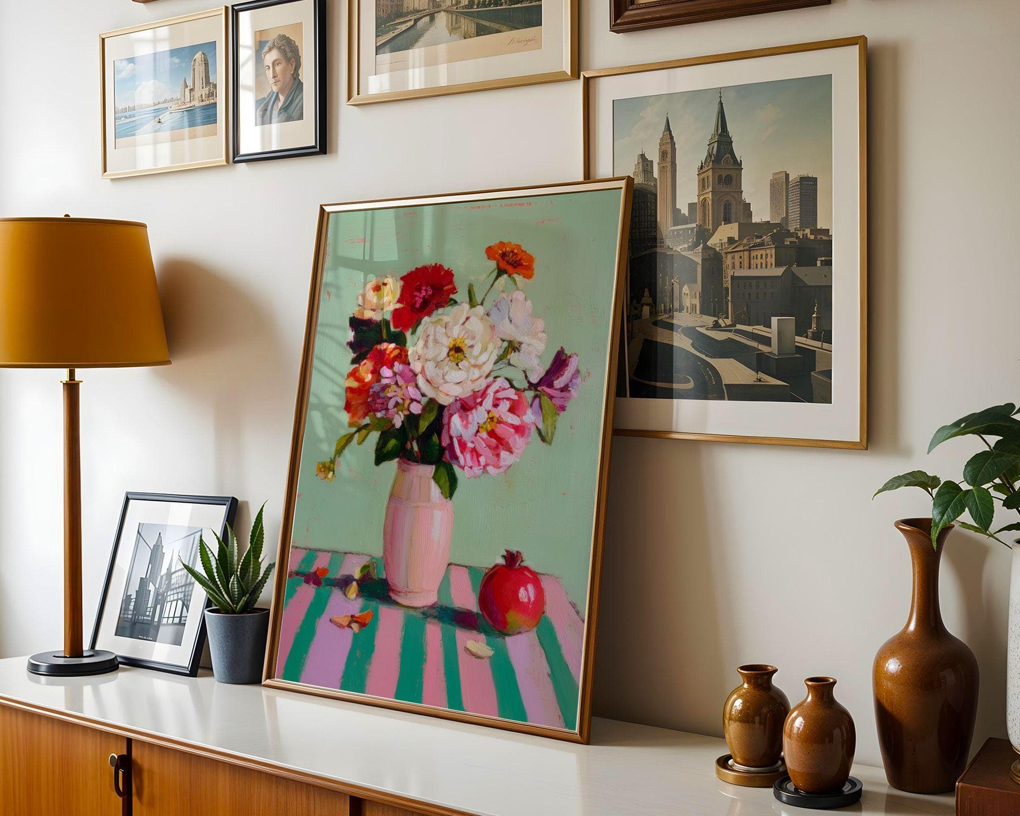 Colorful Floral Still Life Print – Pink Vase Bouquet, Mint Green Art for Kitchen, Colorful Floral Still Life Oil Painting Print, Flower Art - view 3
