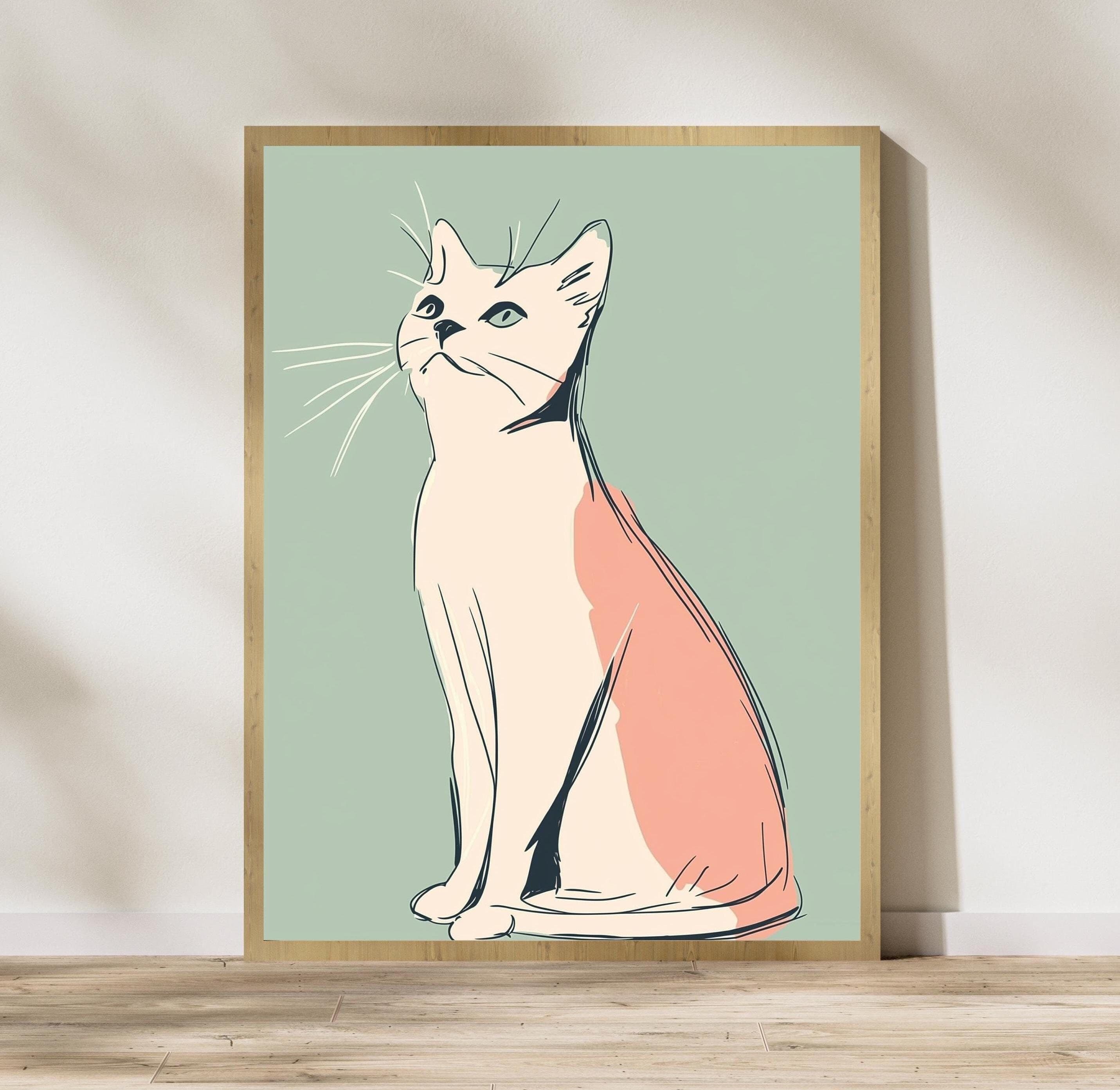 Minimalist Cat Art, Modern Cat Wall Art, Pastel Colored Cat Illustration, Chic Cat Poster, Modern Cat Line Drawing, Peach and Mint Green Art
