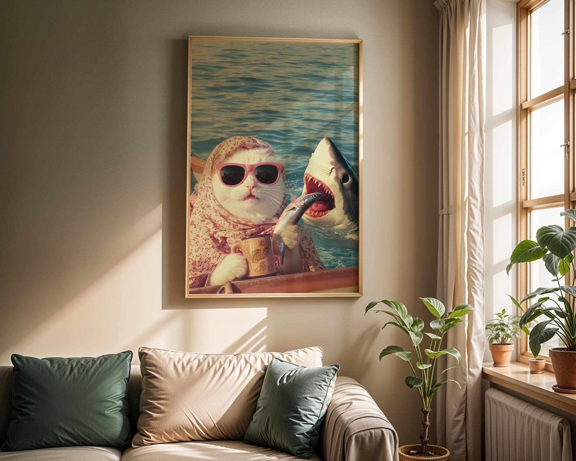 Funny Cat and Shark Wall Art, Funny Animal Art, Quirky Art Print, Quirky Cat Poster, Maximalist Cat Wall Art, Humorous Poster, Digital Art - view 5